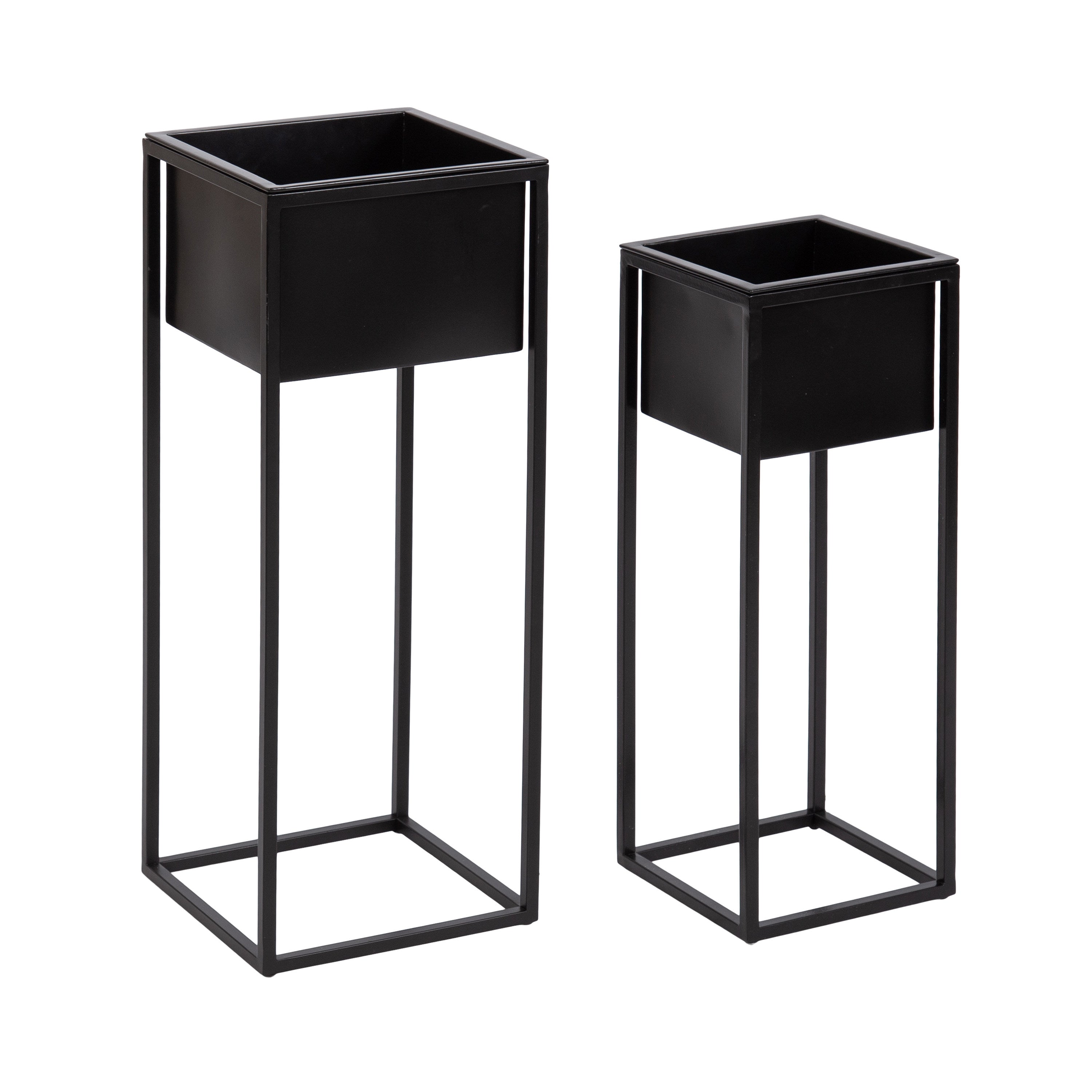 black indoor planter on stand Kate and Laurel Palade Modern Two-Piece Metal Planter Set, Black
