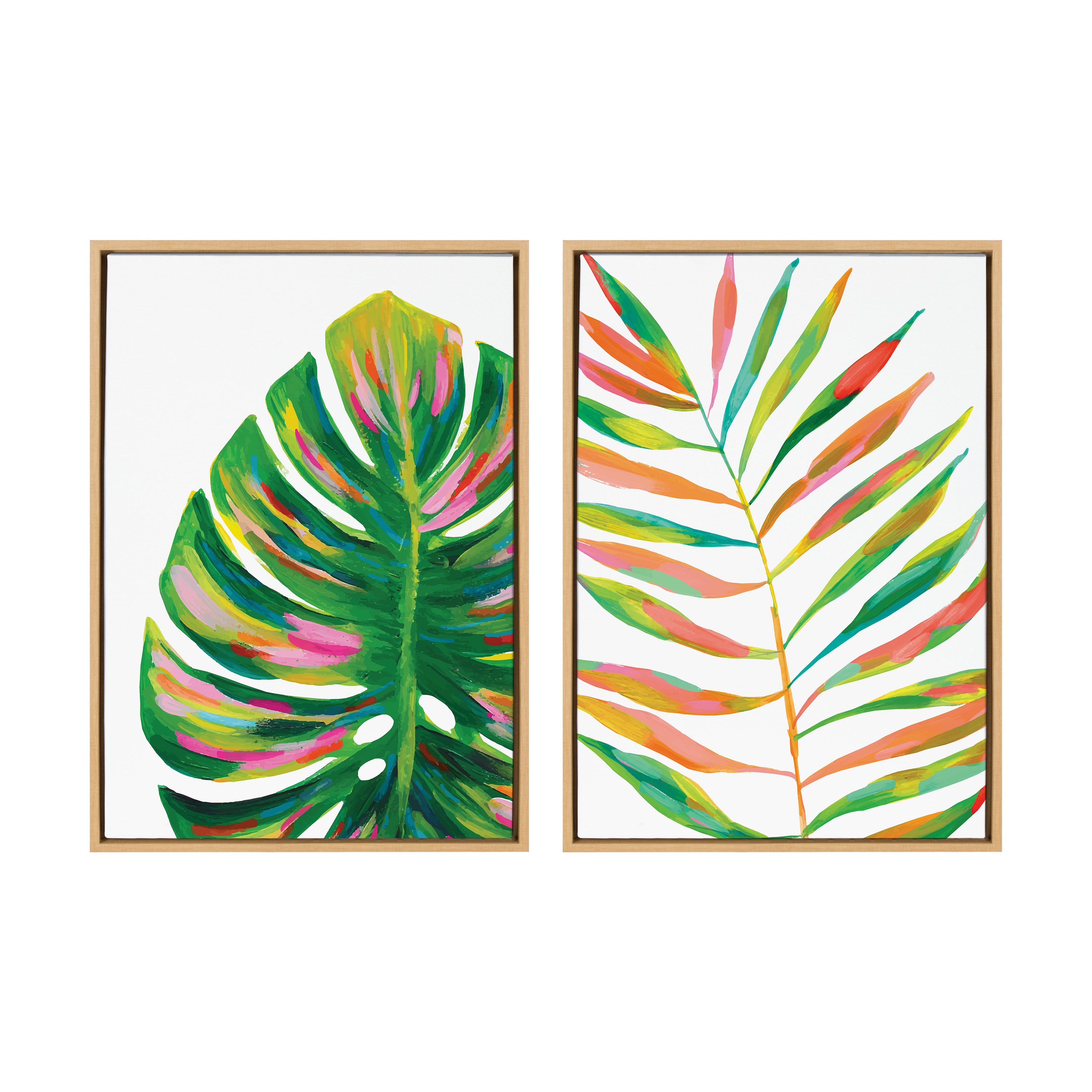 colorful monstera Kate and Laurel Sylvie EV Monstera and EV Palma No 2 Framed Canvas Wall Art Set by Jessi Raulet of Ettavee, 2 Piece 23x33 Natural, Colorful Plant