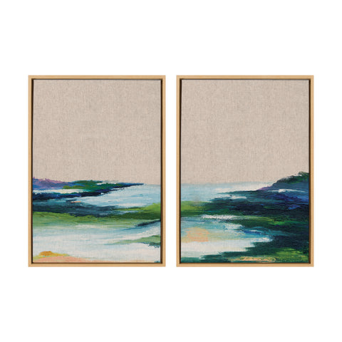 Sylvie Lake Huron I and II Neutral Linen Framed Canvas Art Set by Nikita Jariwala