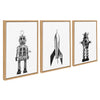 Sylvie Sparky Space Robot, No 4 Rocket and Robbey Robot Black and White Set Framed Canvas Art Set by Saint and Sailor Studios