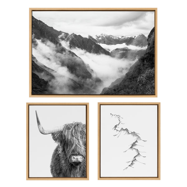 Kate and Laurel Sylvie Highland Cow, Mountains, and Inca Trail Framed  Canvas Wall Art Set by Various Artists, Set of 3, two 16x20 and one 23x33  Natural, Black and White Landscape and Animal Art – kateandlaurel