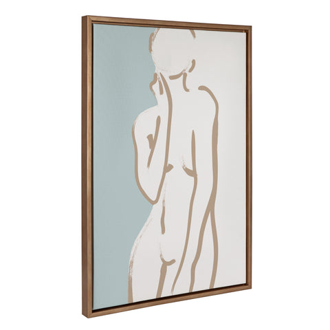 Sylvie Simple Romantic Line Art Drawing 2 Tan and Teal Framed Canvas by The Creative Bunch Studio