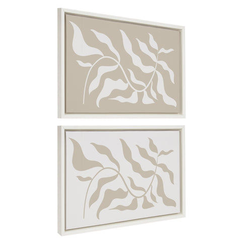Sylvie Modern Matisse Inspired Botanical White on Beige and Beige on White Framed Canvas by The Creative Bunch Studio