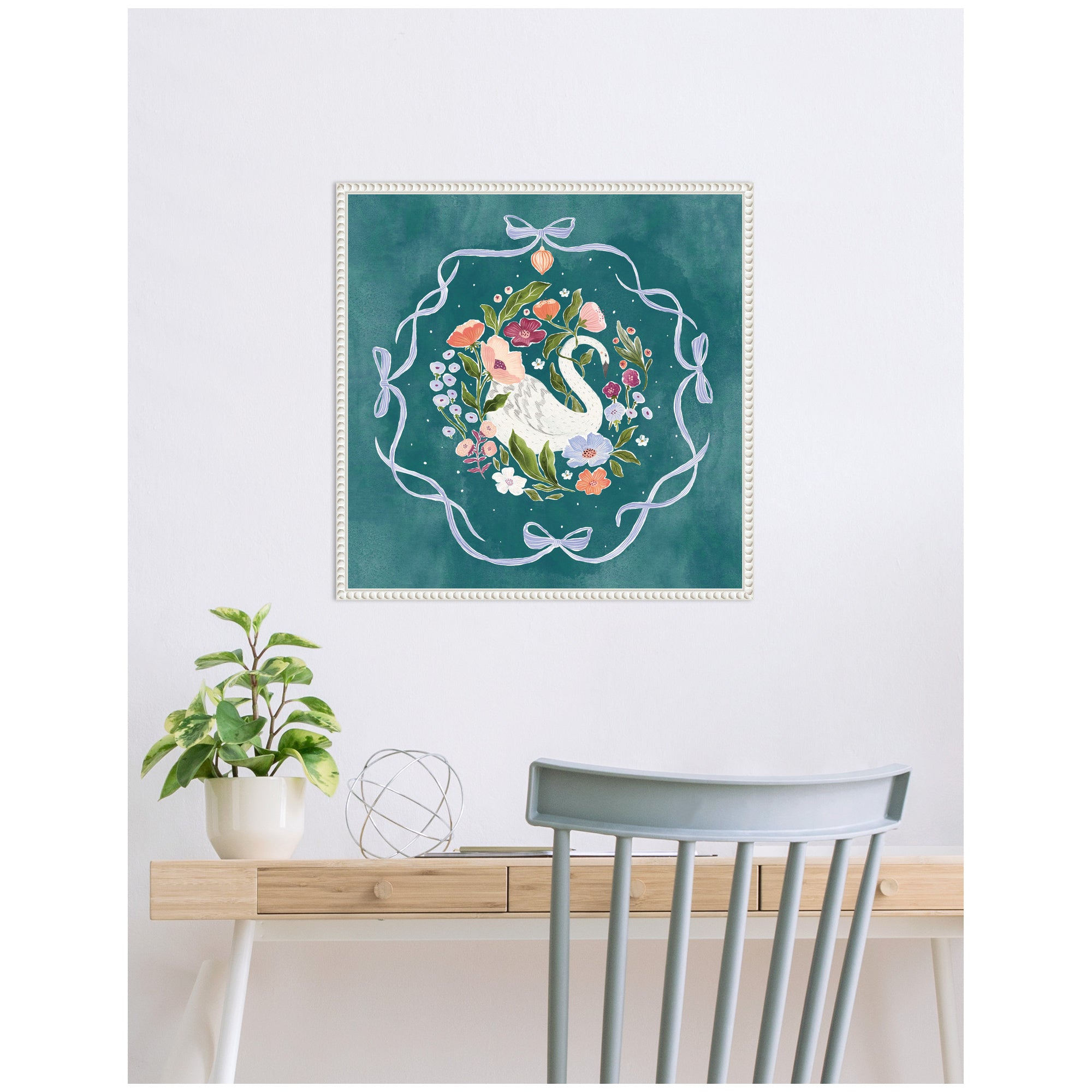 Swan Floral and Bows by Jill Labieniec Framed Canvas Wall Art Print
