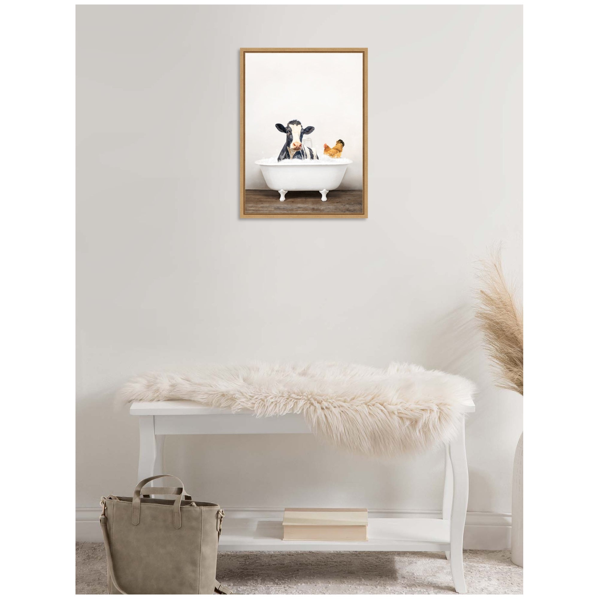 Sylvie Cow and Chicken in Rustic Bathtub Framed Canvas by Amy Peterson