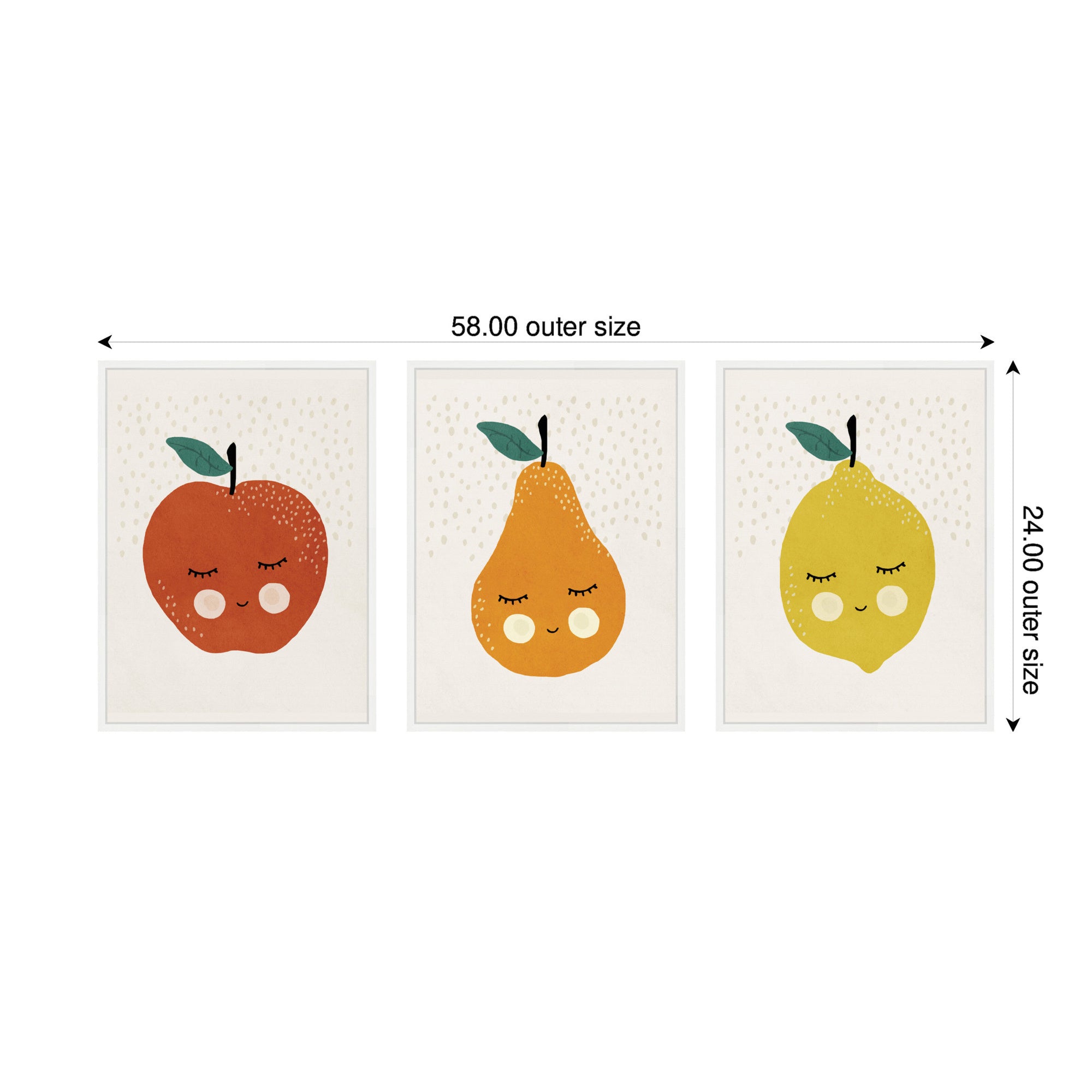 Cute Apple Lemon Pear 3 Piece Framed Canvas Wall Art Set by July Art Prints