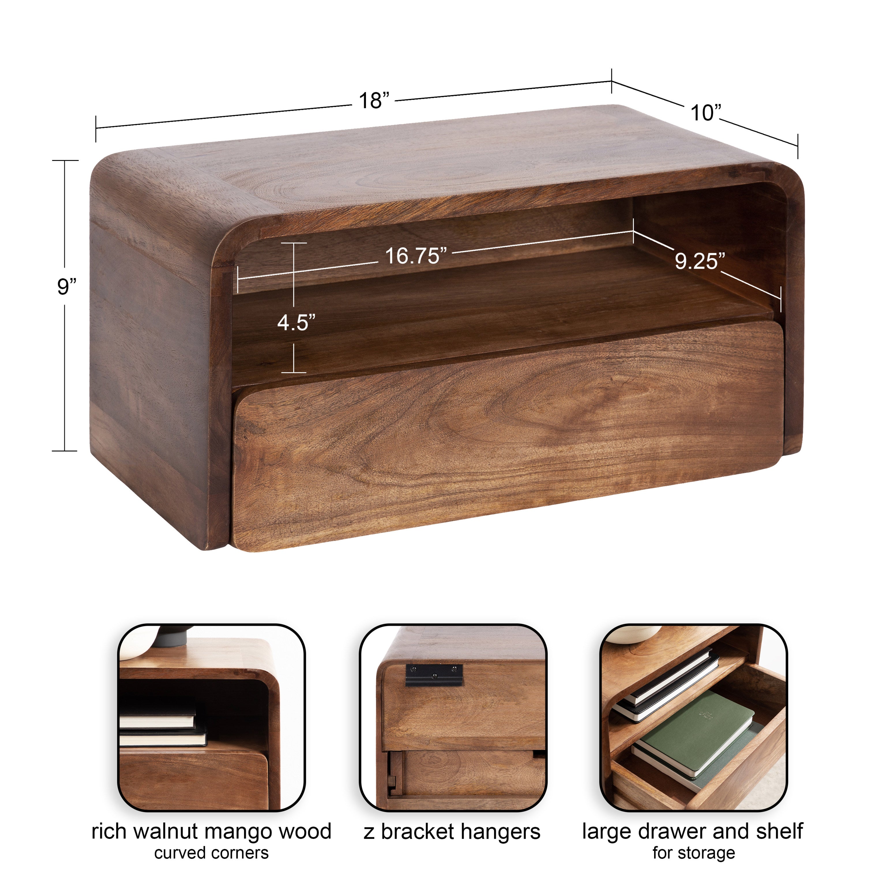 Floating Side Table Walnut Brown 18x10x9 2