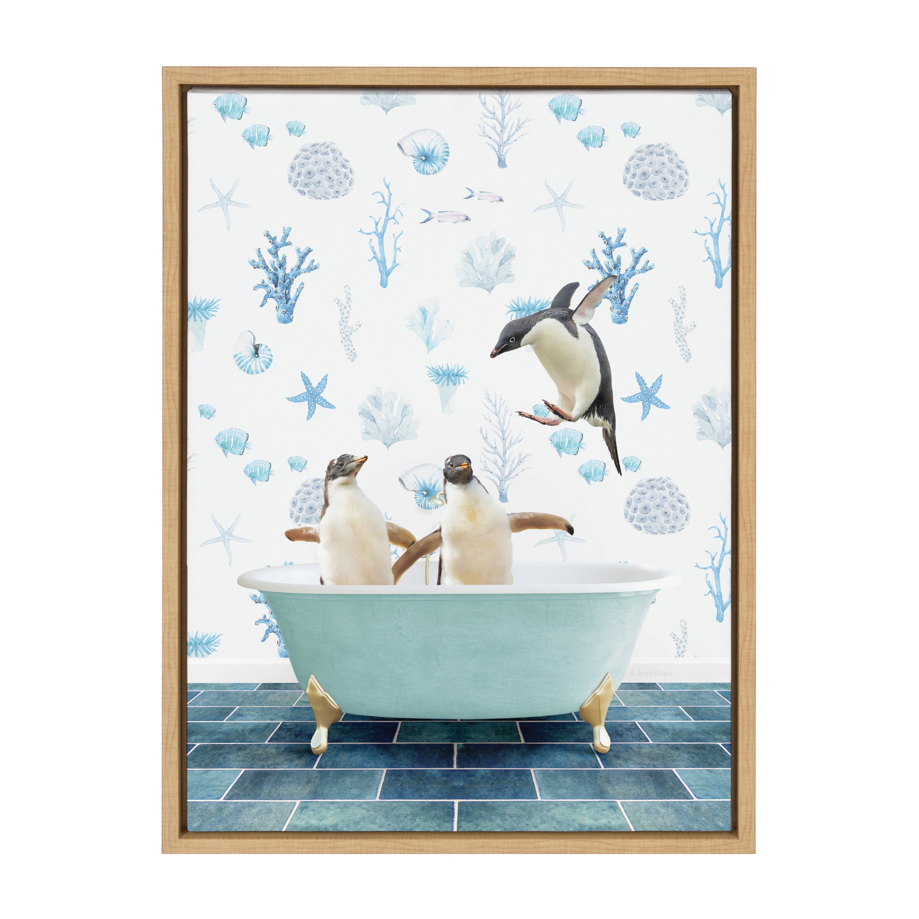 Sylvie Penguins In Under the Sea Bath Framed Canvas by Amy Peterson Art Studio