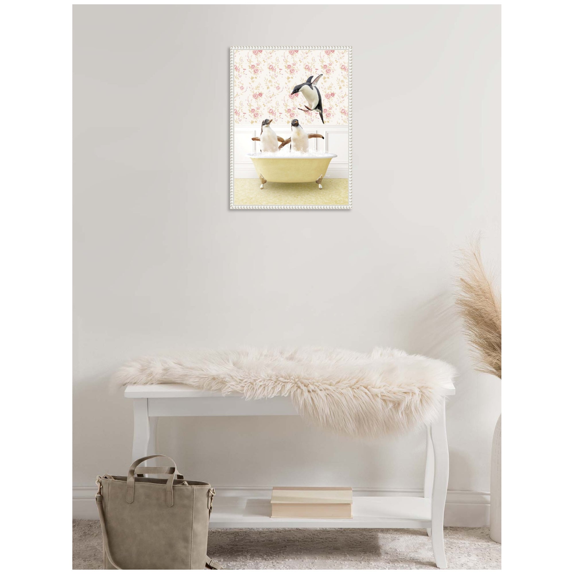 Sylvie Penguins in Vintage Yellow Bath Framed Canvas by Amy Peterson