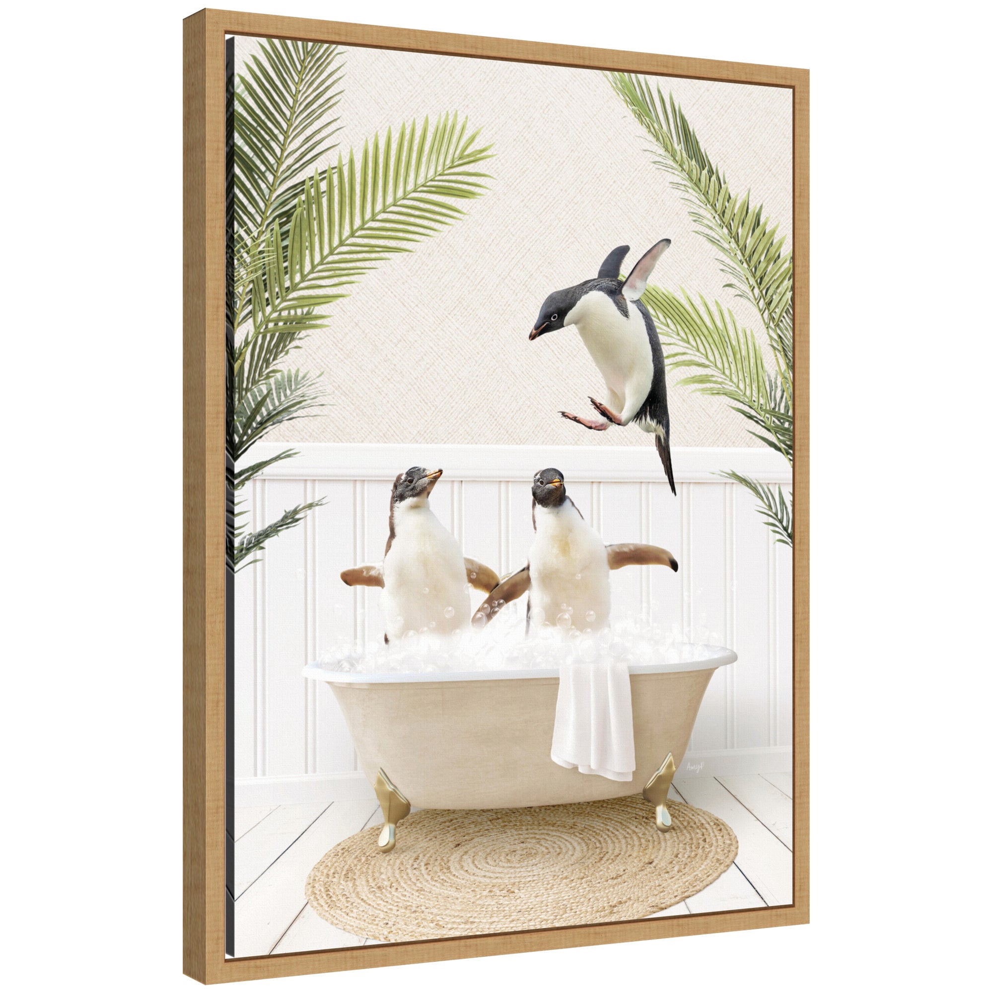 Sylvie Penguins in Palm Bathtub Framed Canvas by Amy Peterson