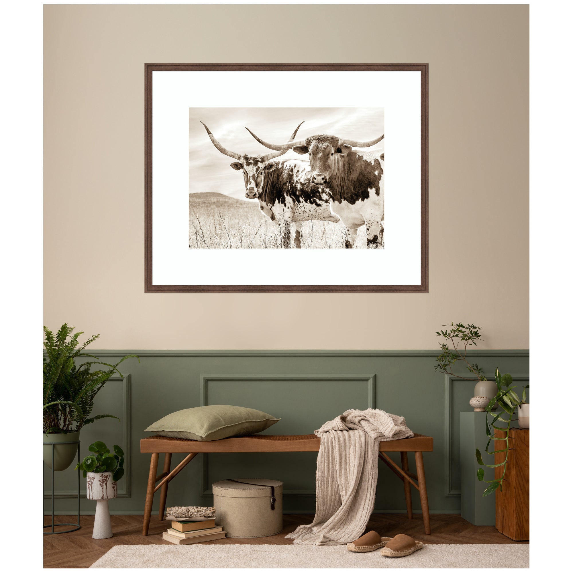 Sepia Texas Longhorn Cattle in Pasture by The Creative Bunch Studio Framed Wall Art Print