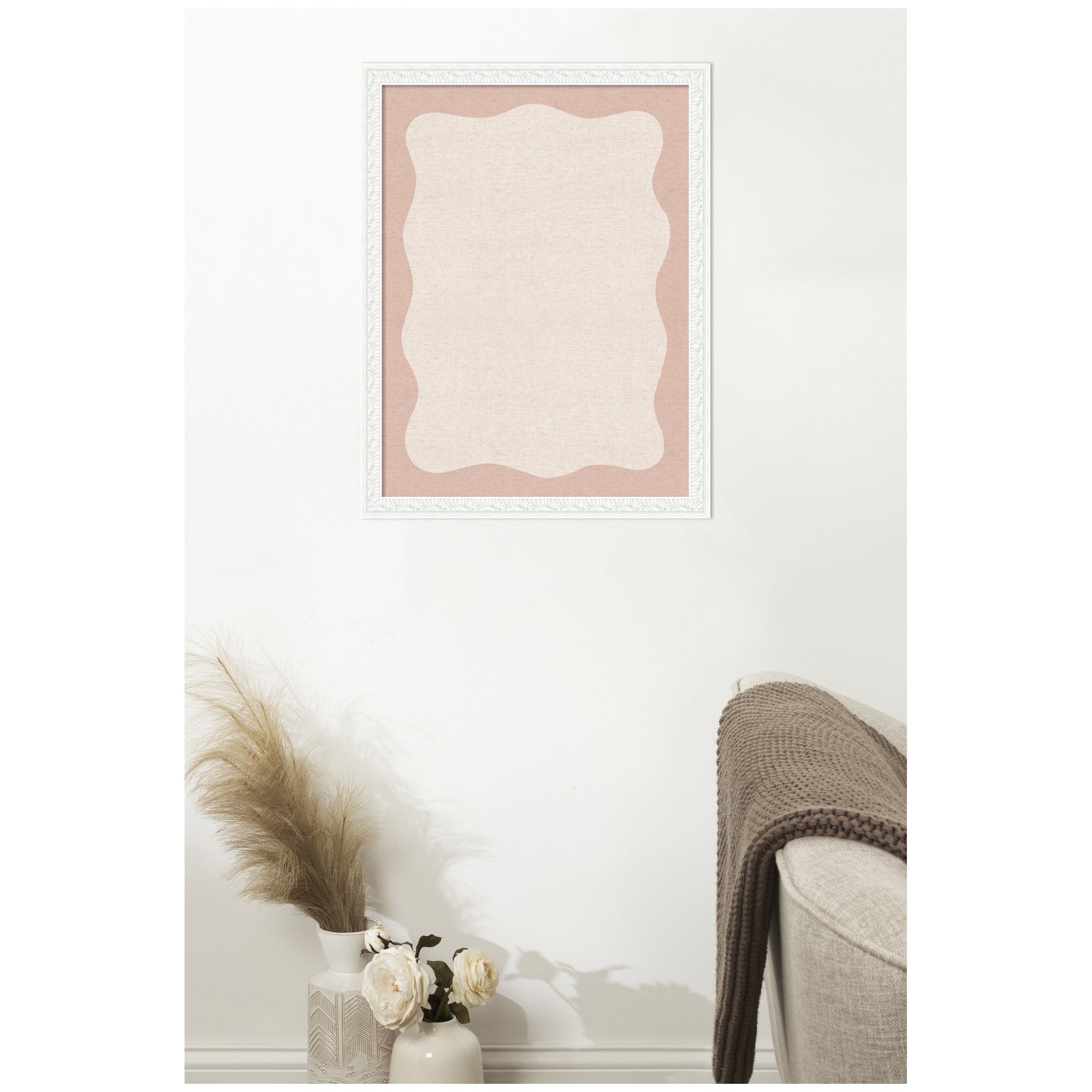 Framed Fabric Pinboard Wavy Linen Light and Pink Wall Organization