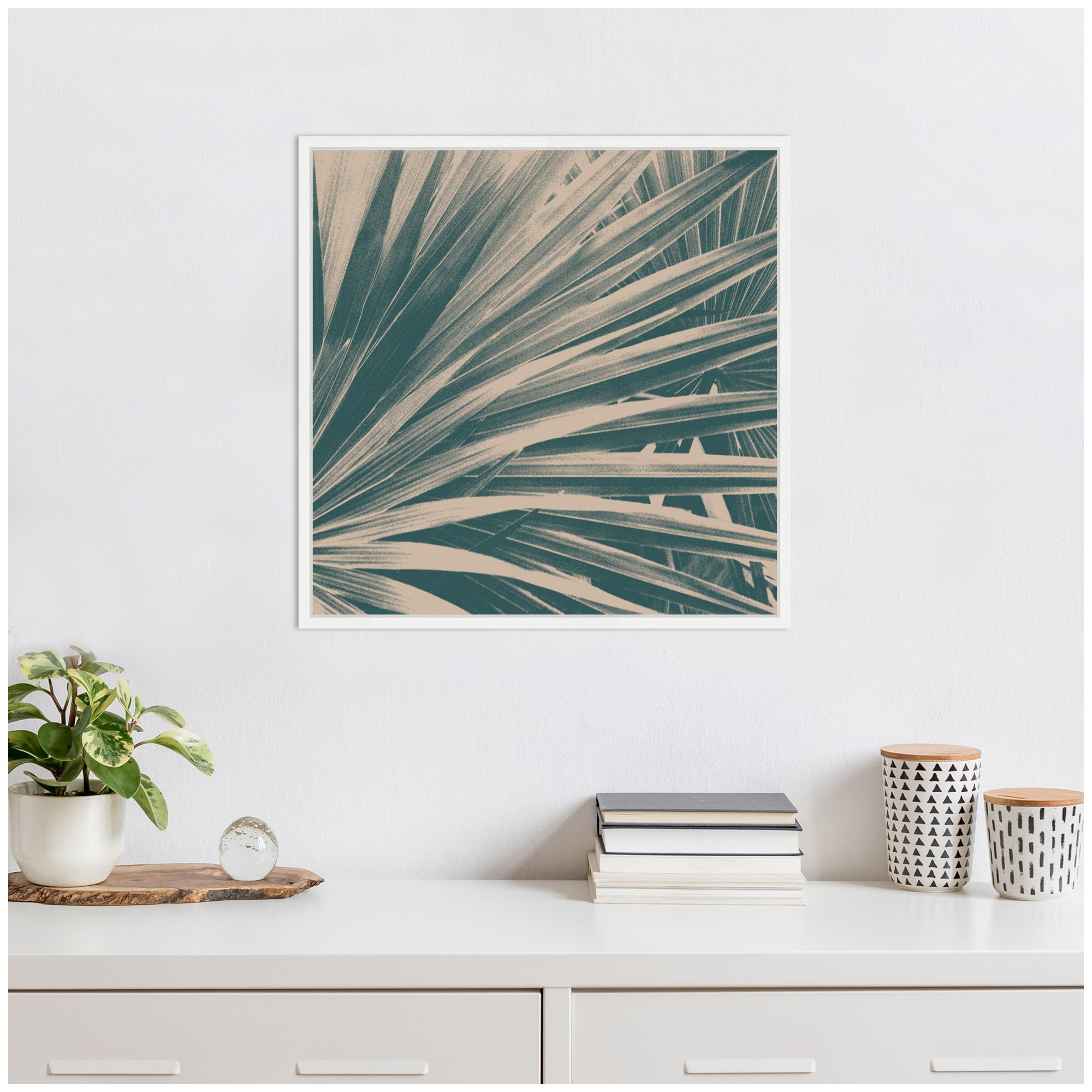 Sylvie Modern Retro Teal Maximalist Palm Leaves Framed Canvas by Stephanie Klatt