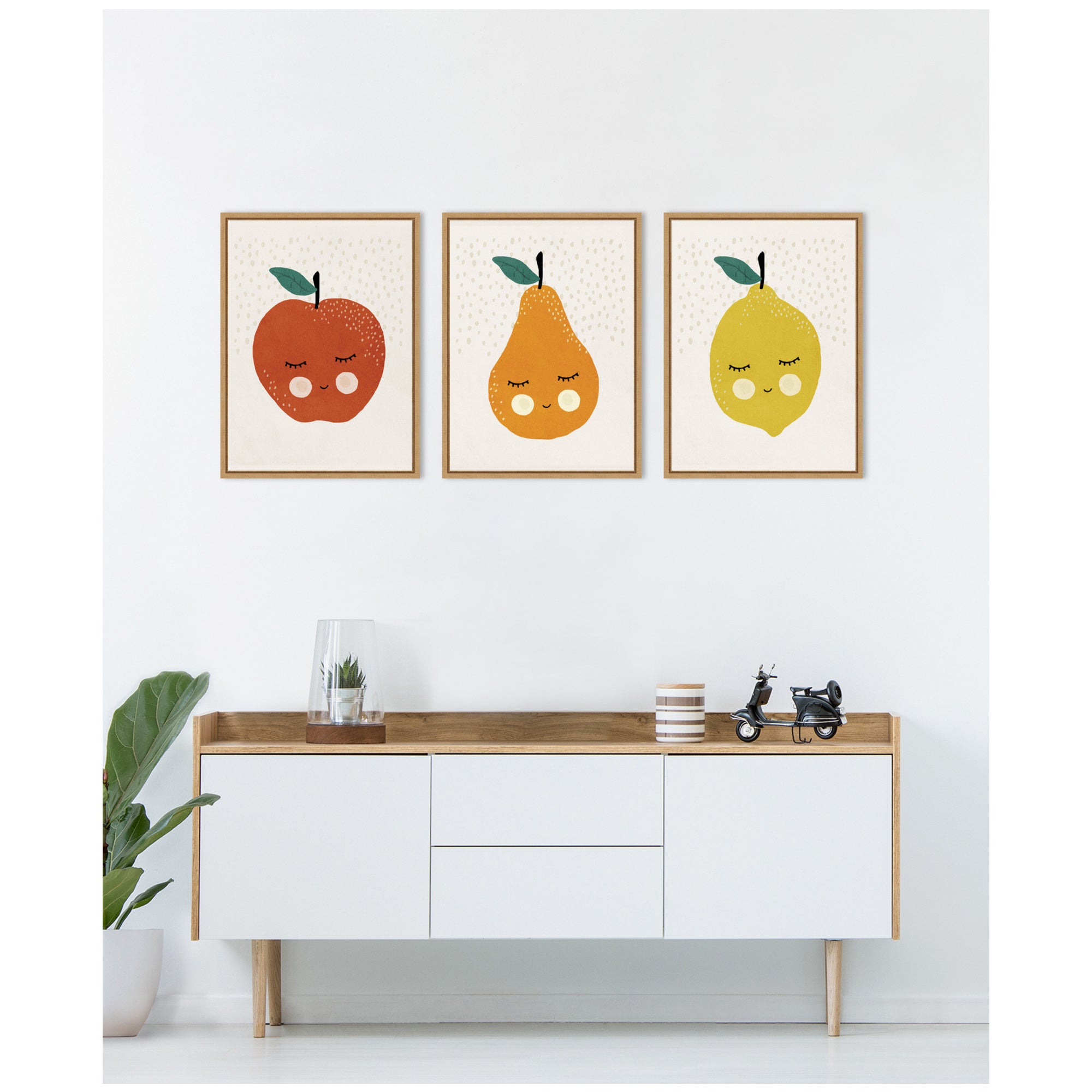 Cute Apple Lemon Pear 3 Piece Framed Canvas Wall Art Set by July Art Prints