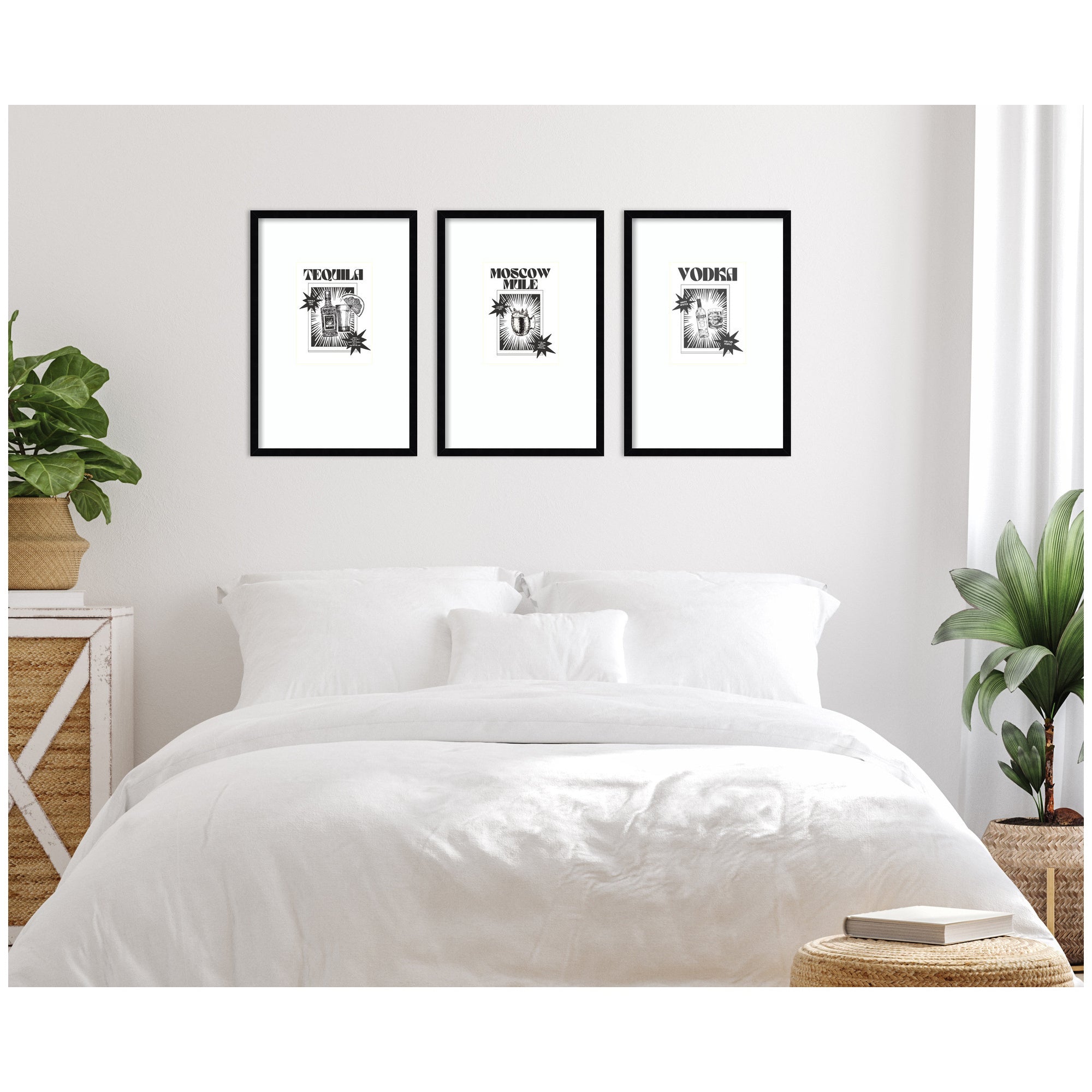 Tequila Moscow Mule & Vodka Happy Water 3 Piece Framed Wall Art Print Set by Honey Island Studio