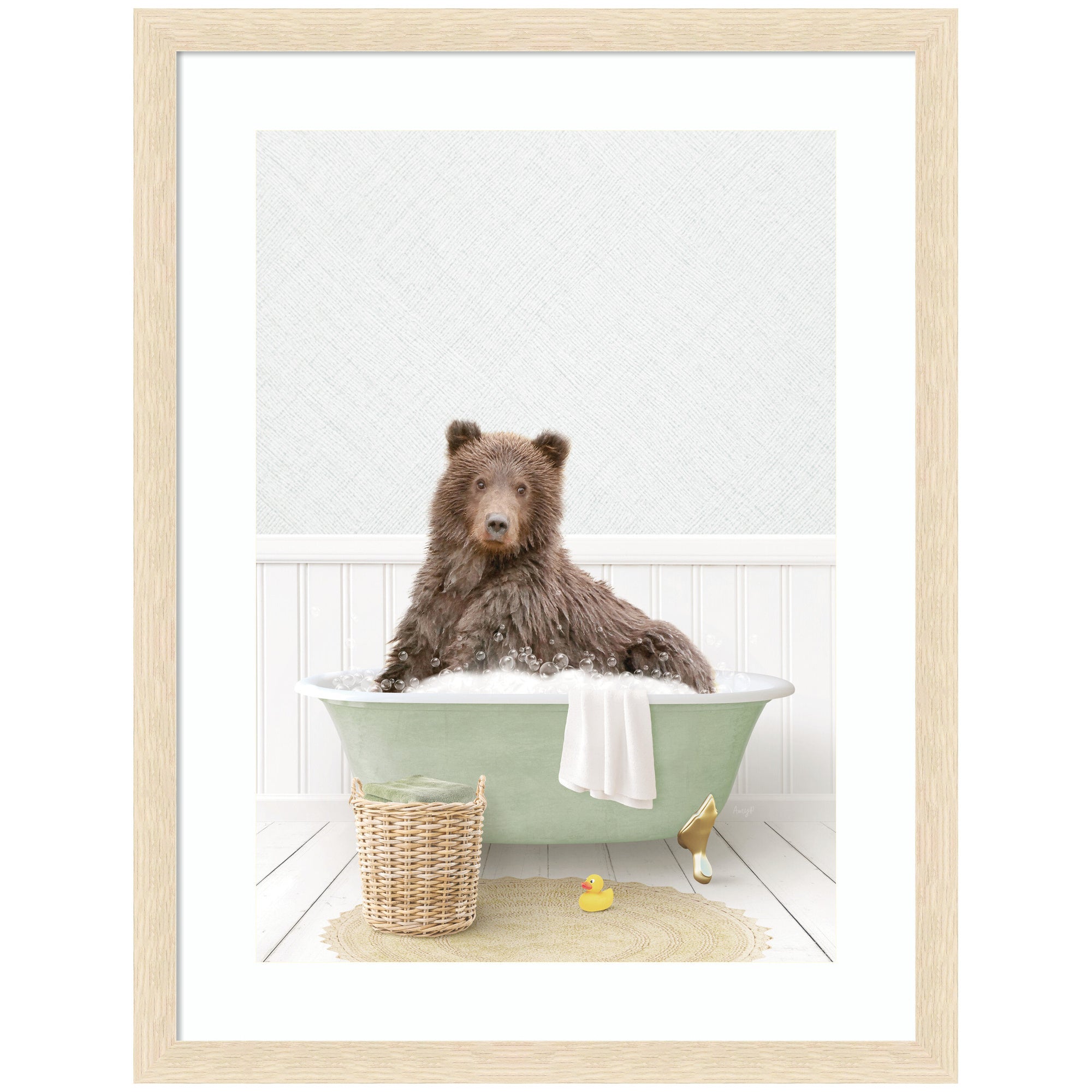 Bear in Cottage Green Bath by Amy Peterson Framed Wall Art Print