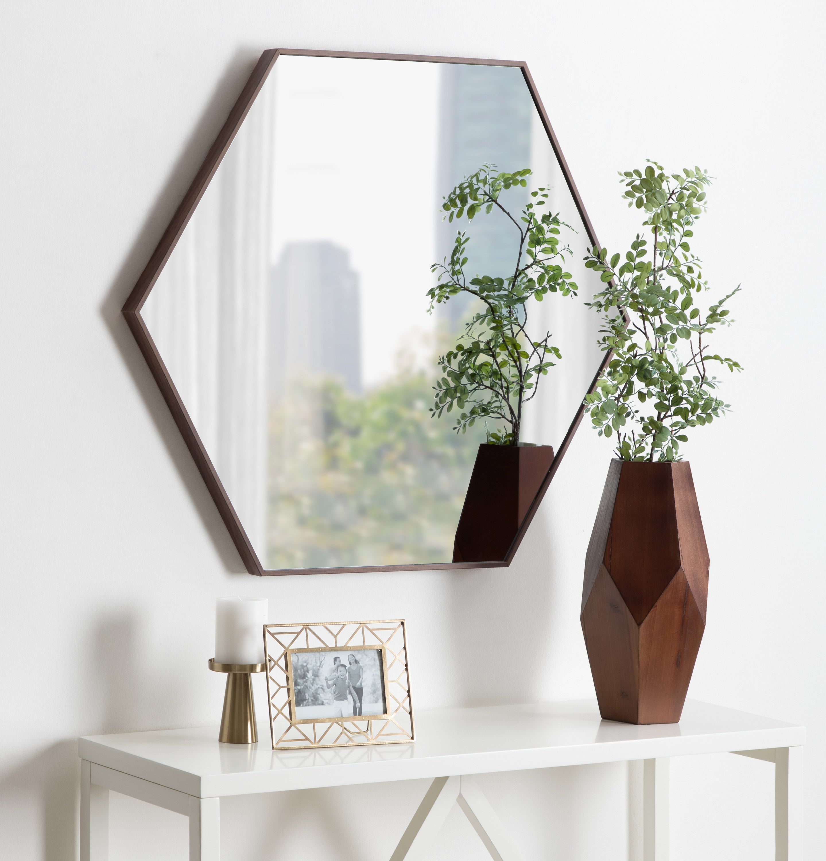 Hexagon Mirror Walnut Brown 30x30 6