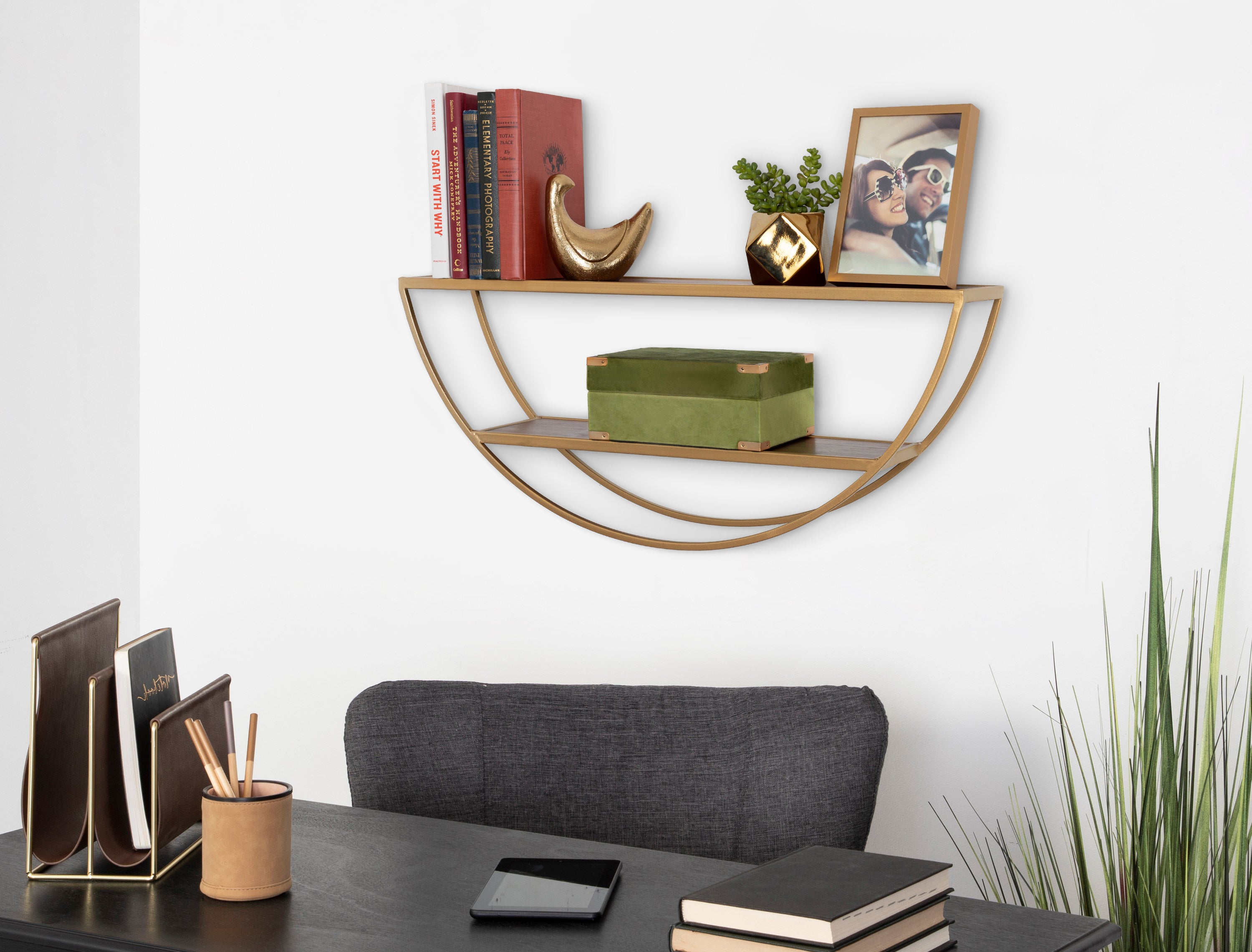 Accent Shelf Walnut Brown Gold 26x11 7