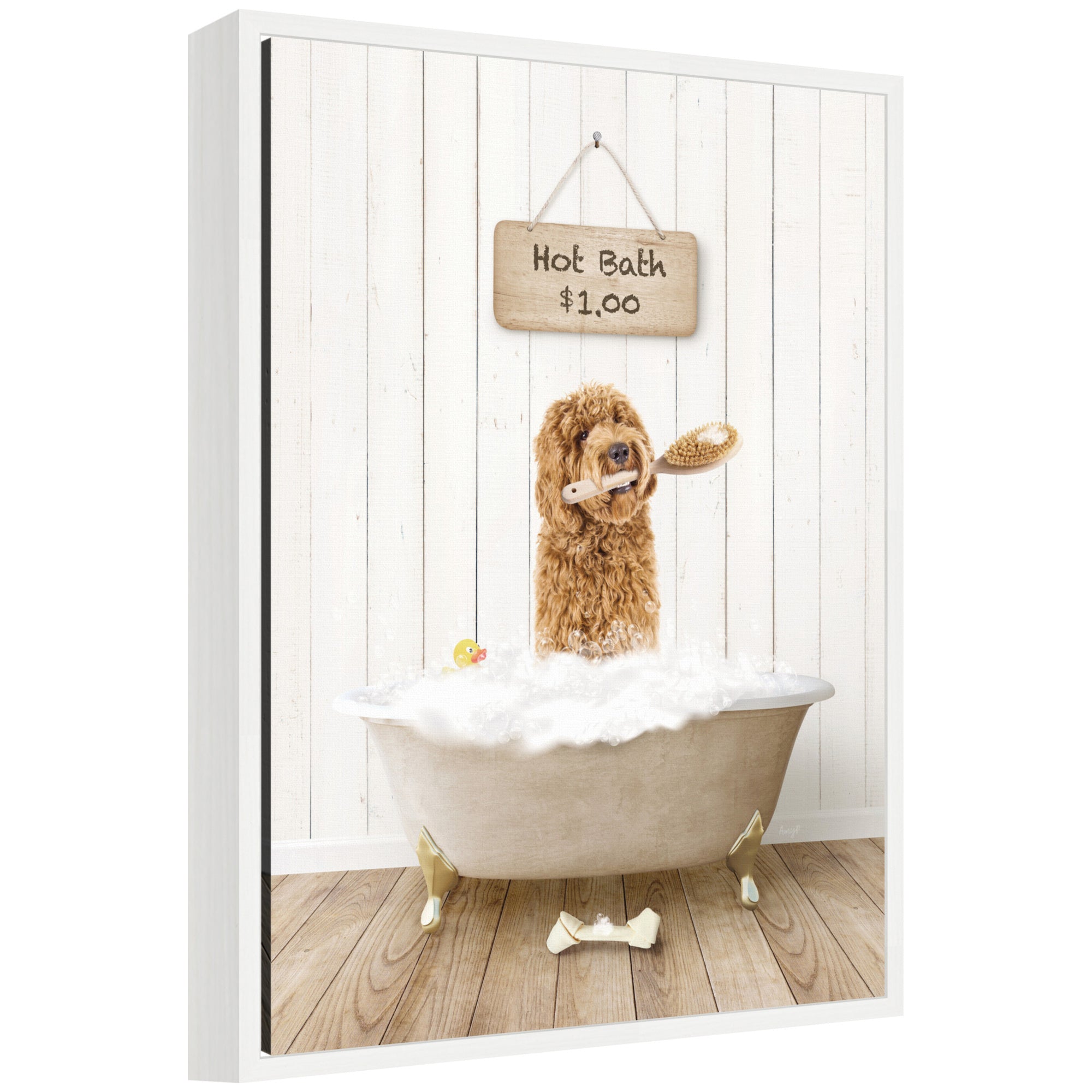 Sylvie Golden Labradoodle in Hot Bath Framed Canvas by Amy Peterson