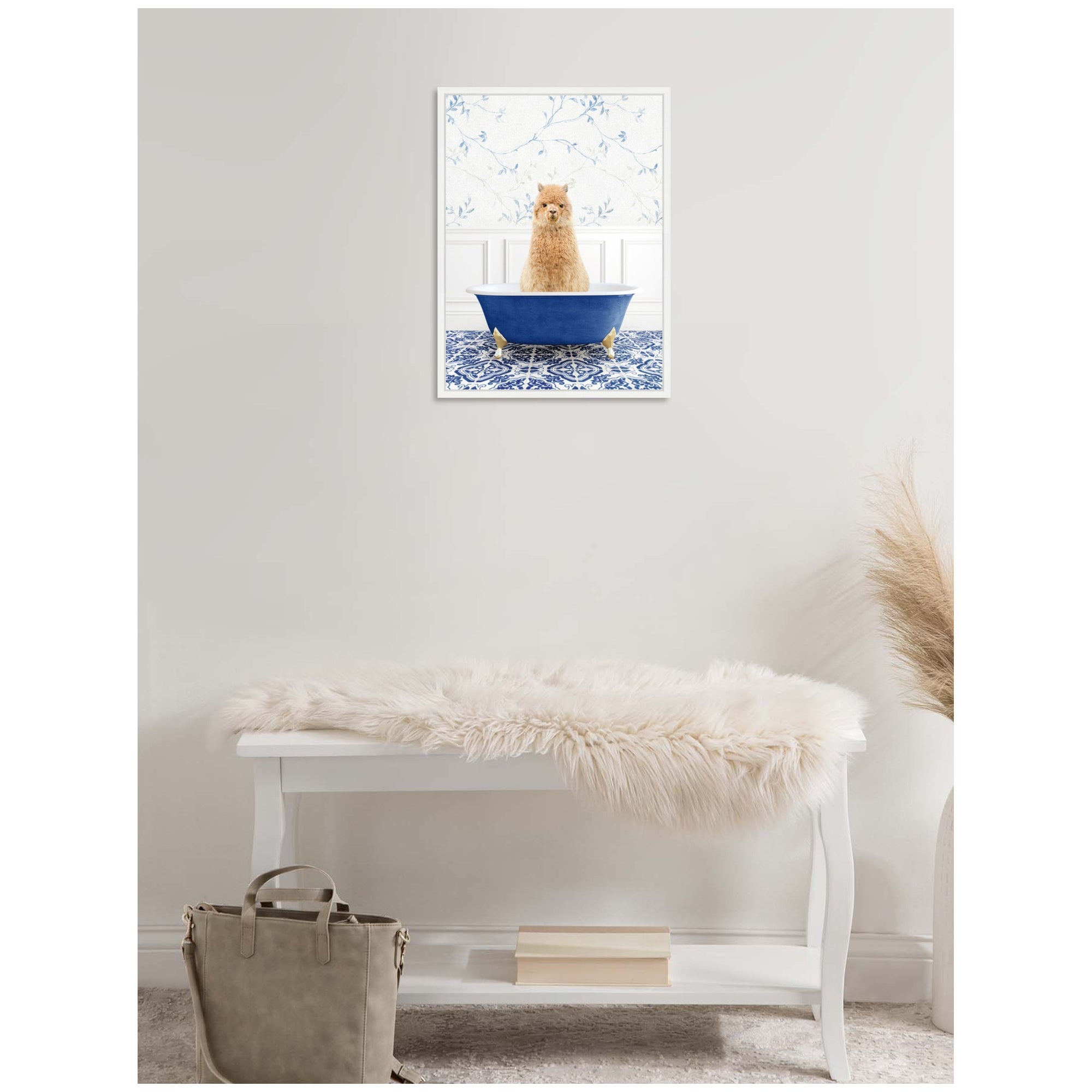 Sylvie Alpaca in Eclectic Blue Bathtub Framed Canvas by Amy Peterson