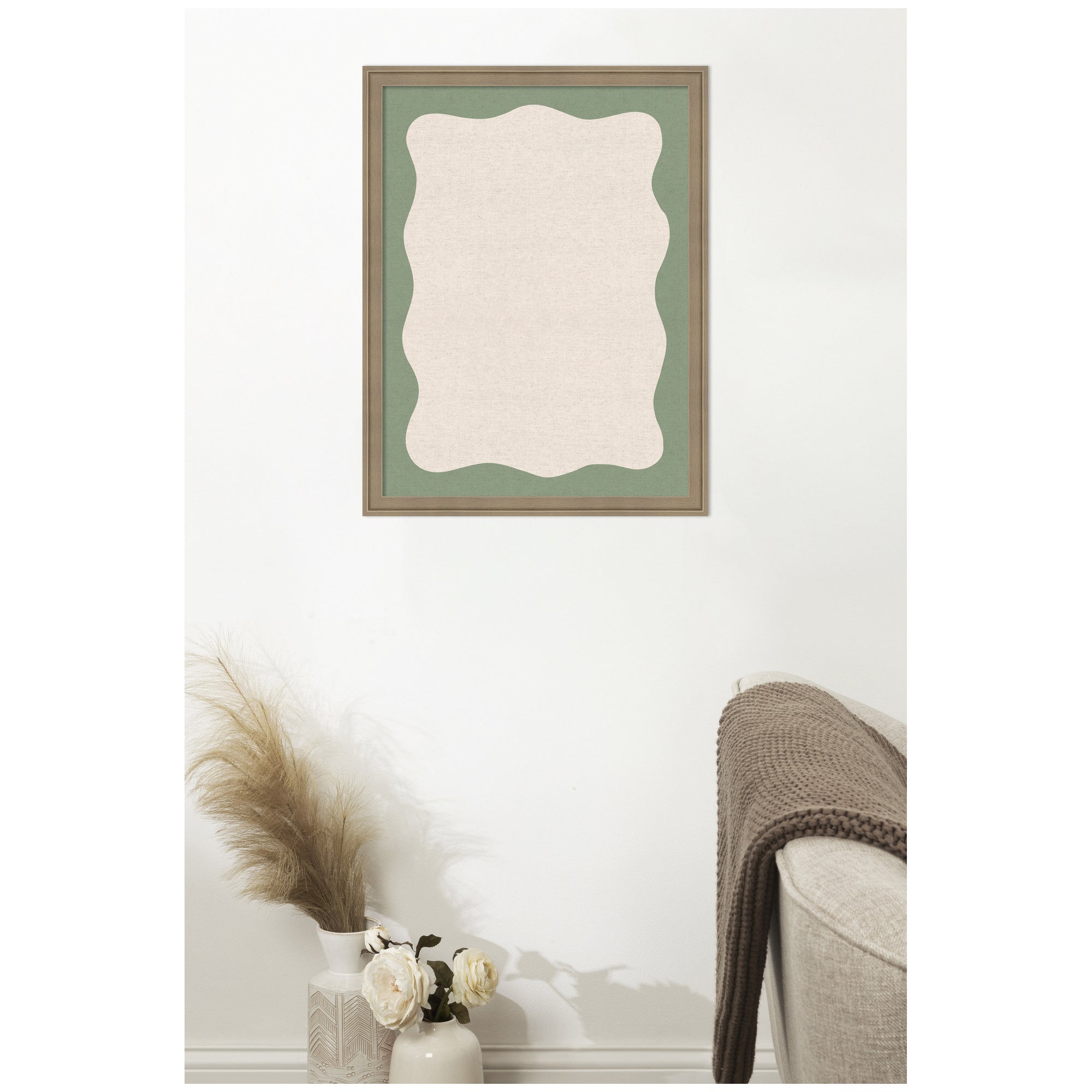 Framed Fabric Pinboard Wavy Neutral Linen and Green Wall Organization