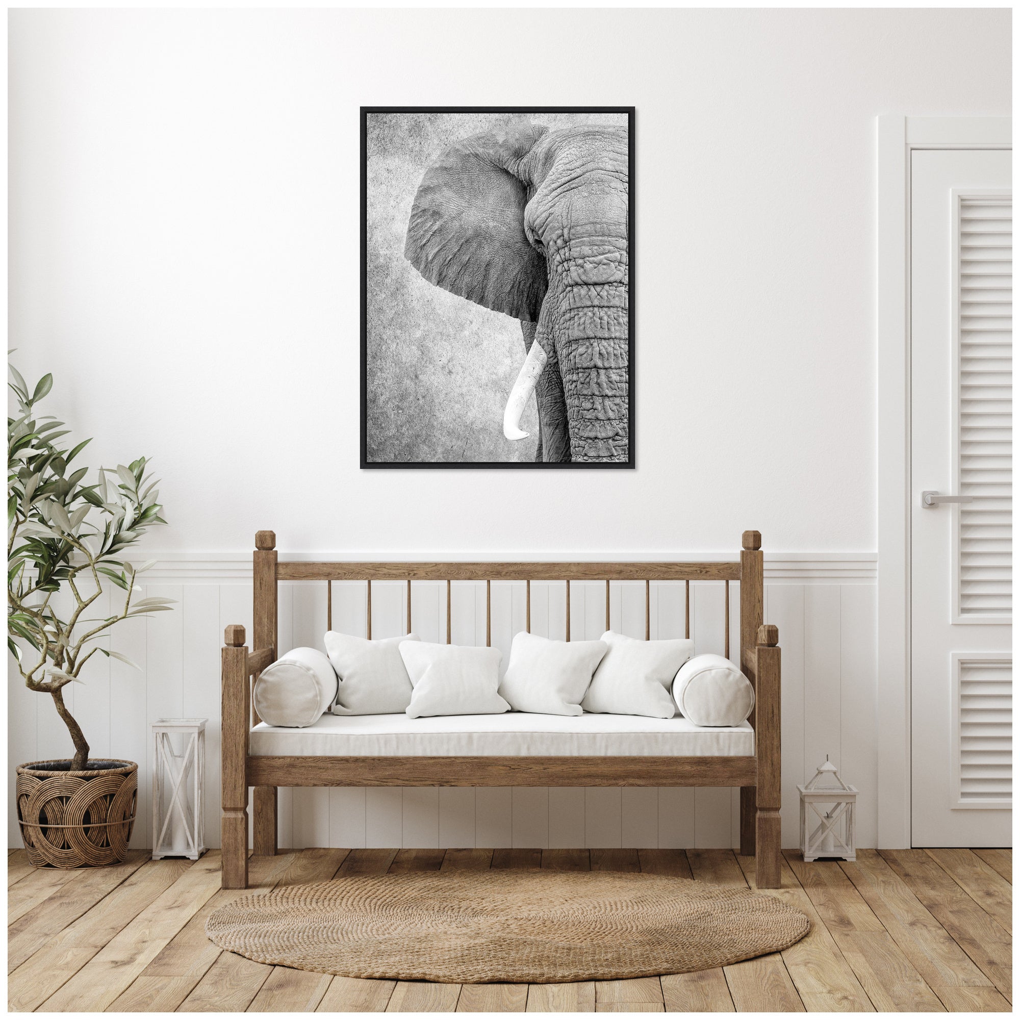 Sylvie Black and White Minimalist Safari Elephant Framed Canvas by Simon Te of Tai Prints