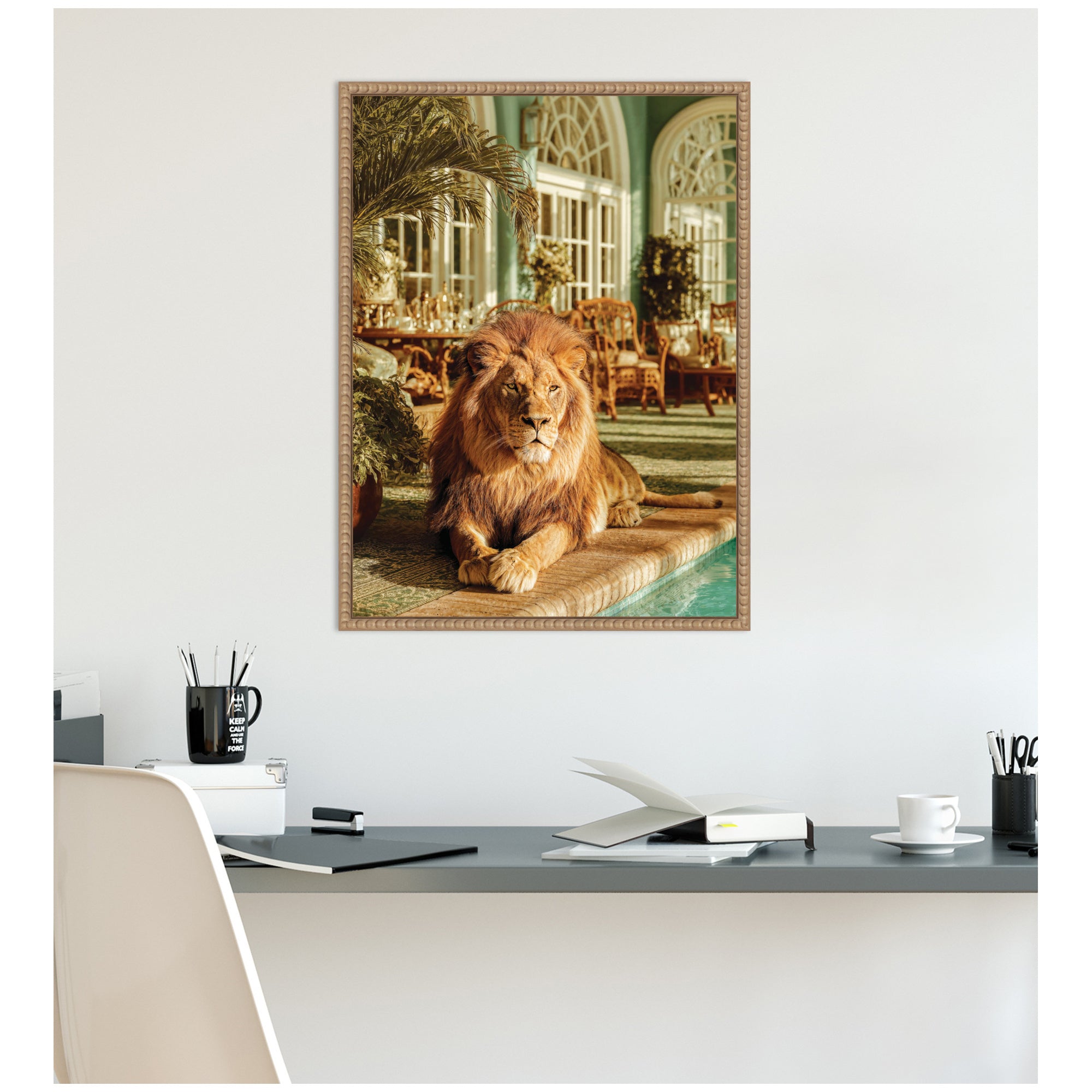 Majestic Lion by the Pool  by Michael Schauer Framed Canvas Wall Art Print