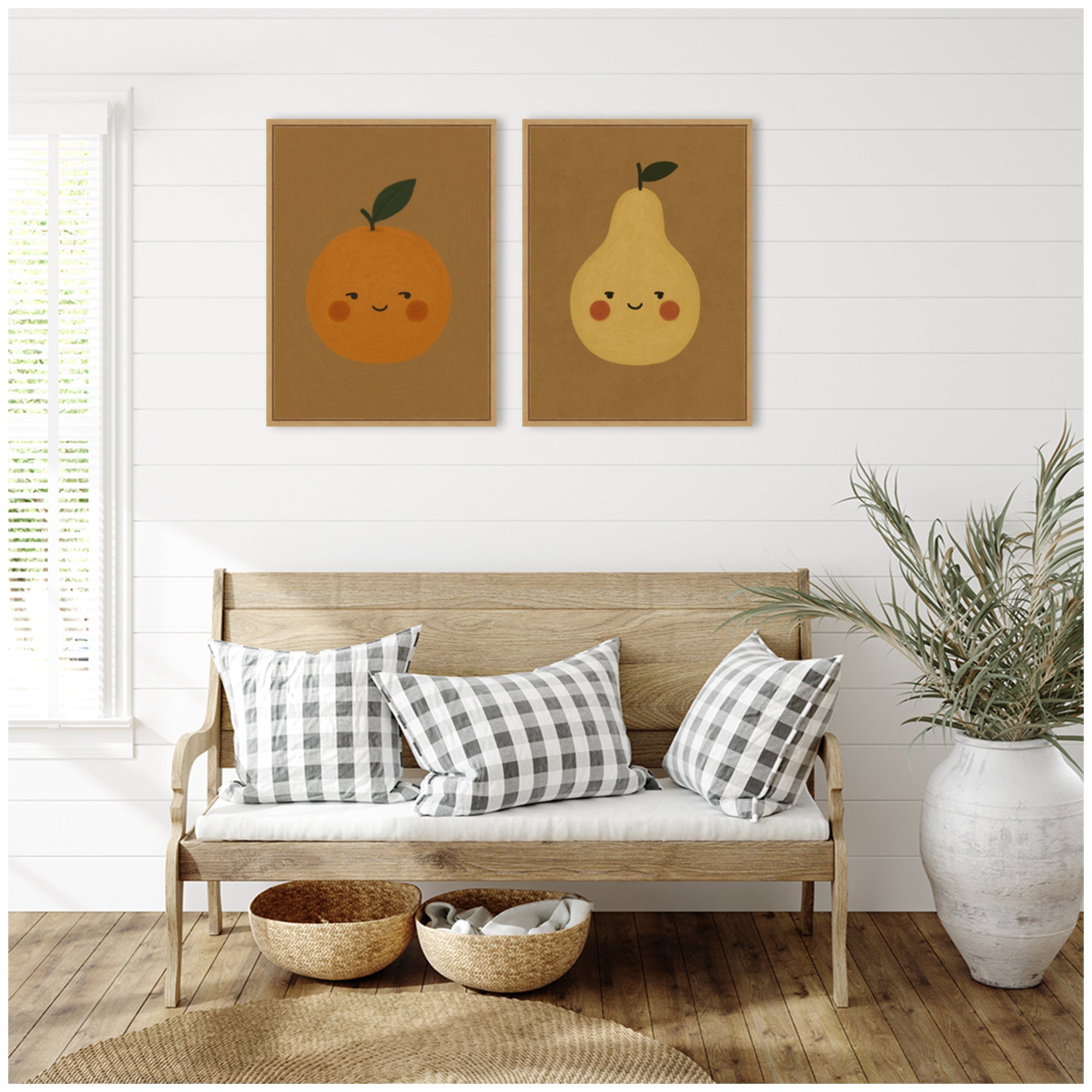 Vintage Smiling Pear & Orange 2 Piece Framed Canvas Wall Art Set by Laura Moss