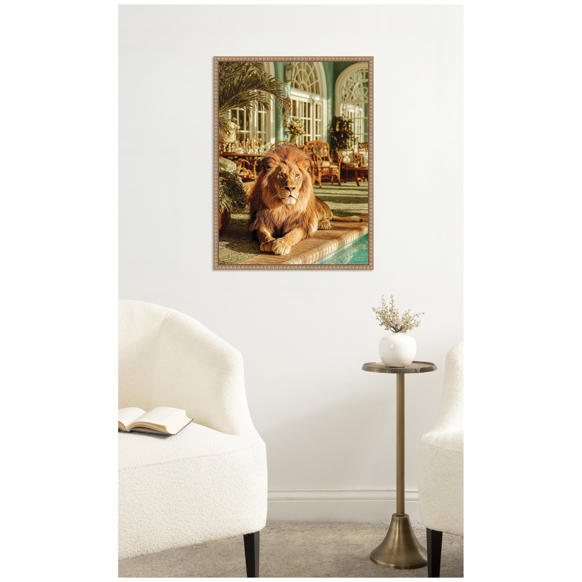 Majestic Lion by the Pool  by Michael Schauer Framed Canvas Wall Art Print