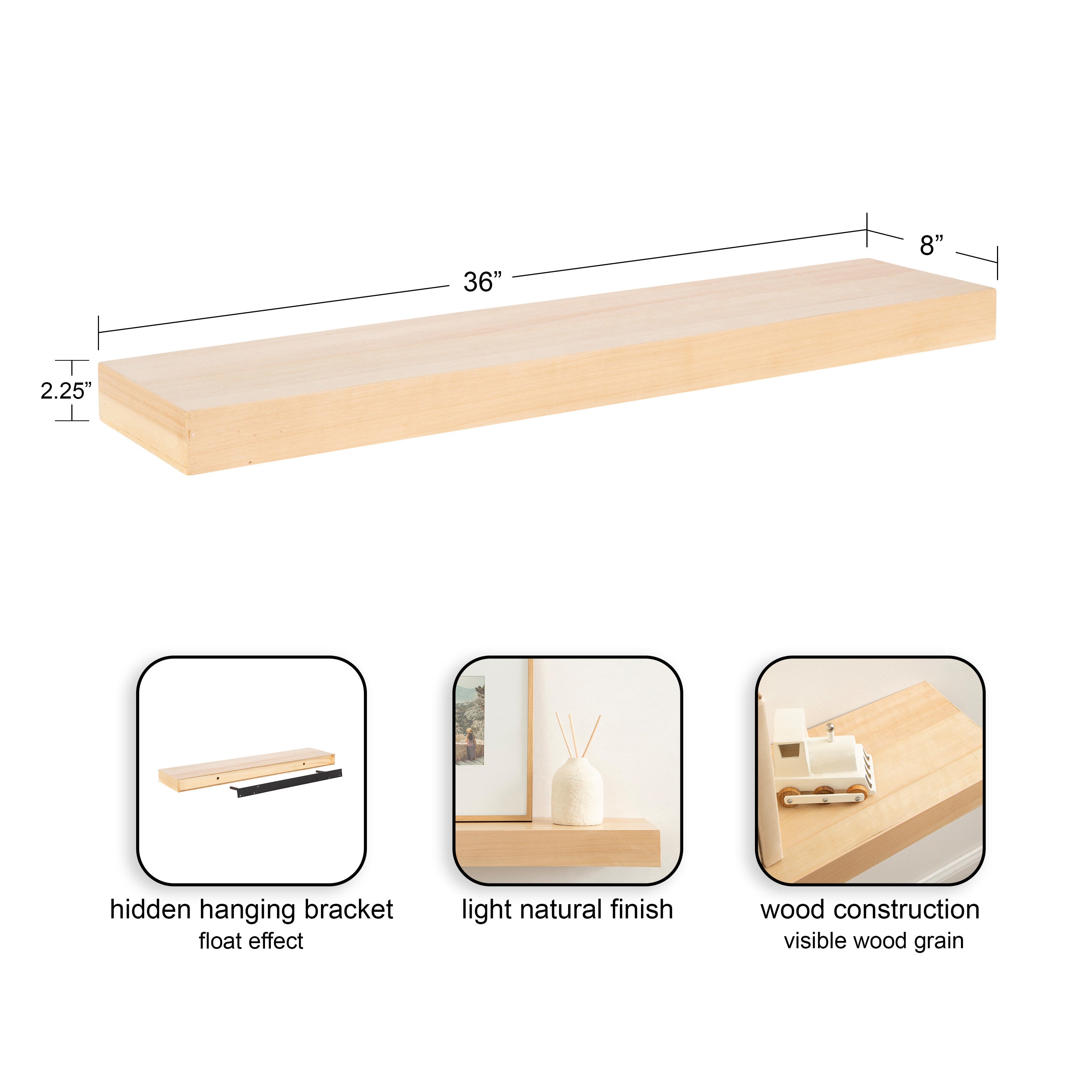 Floating Shelf 1 Piece 36 Inch Natural 2