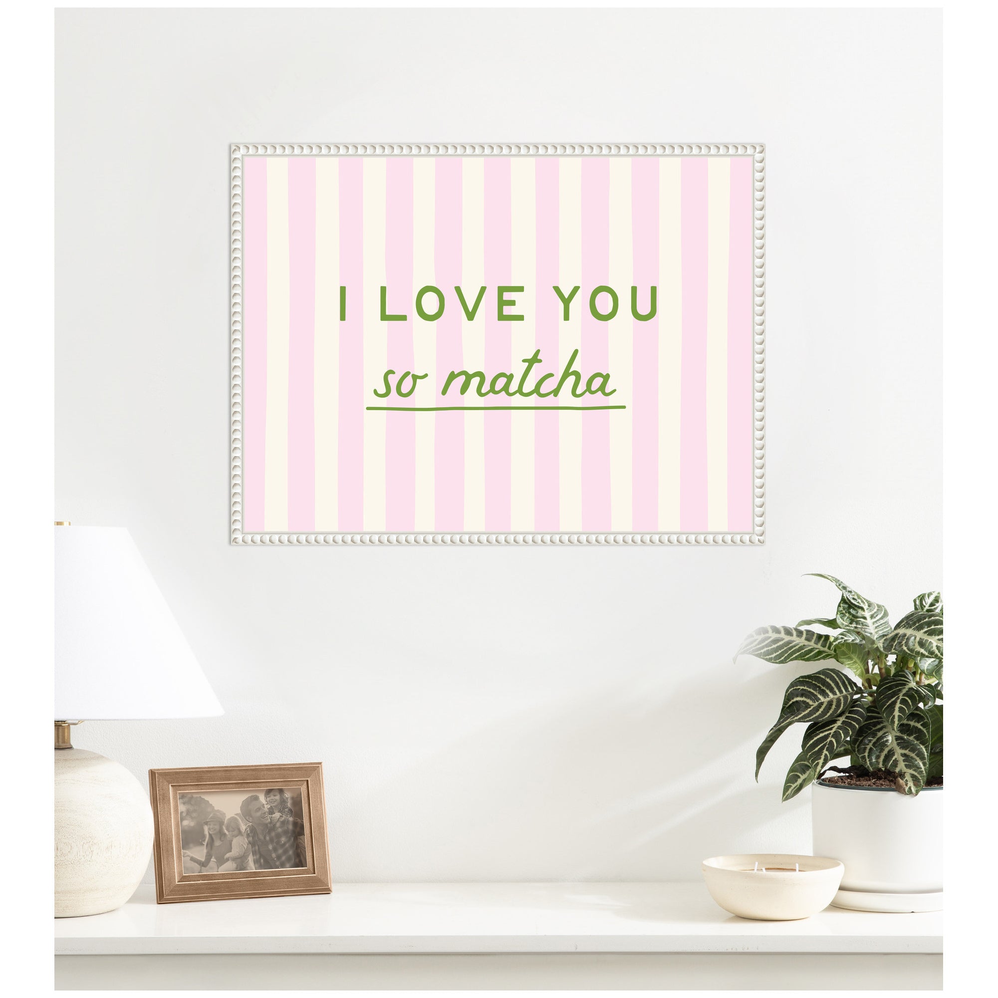 I Love You So Matcha Pink and Green Striped Kitchen Art Dopamine Decor for Home or Apartment by Lucky Guava Framed Canvas Wall Art Print