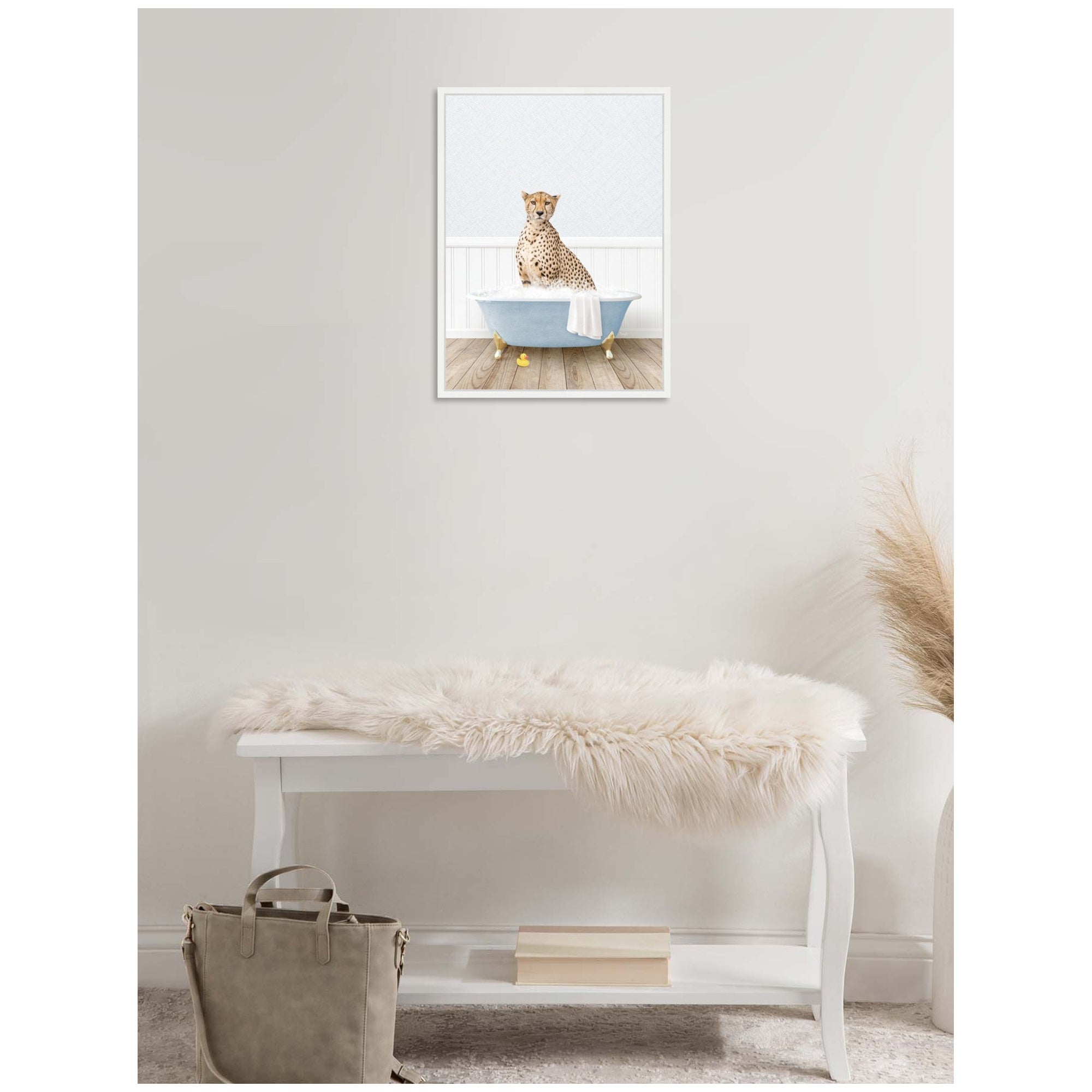 Sylvie Cheetah in Cottage Blue Bathtub Framed Canvas by Amy Peterson