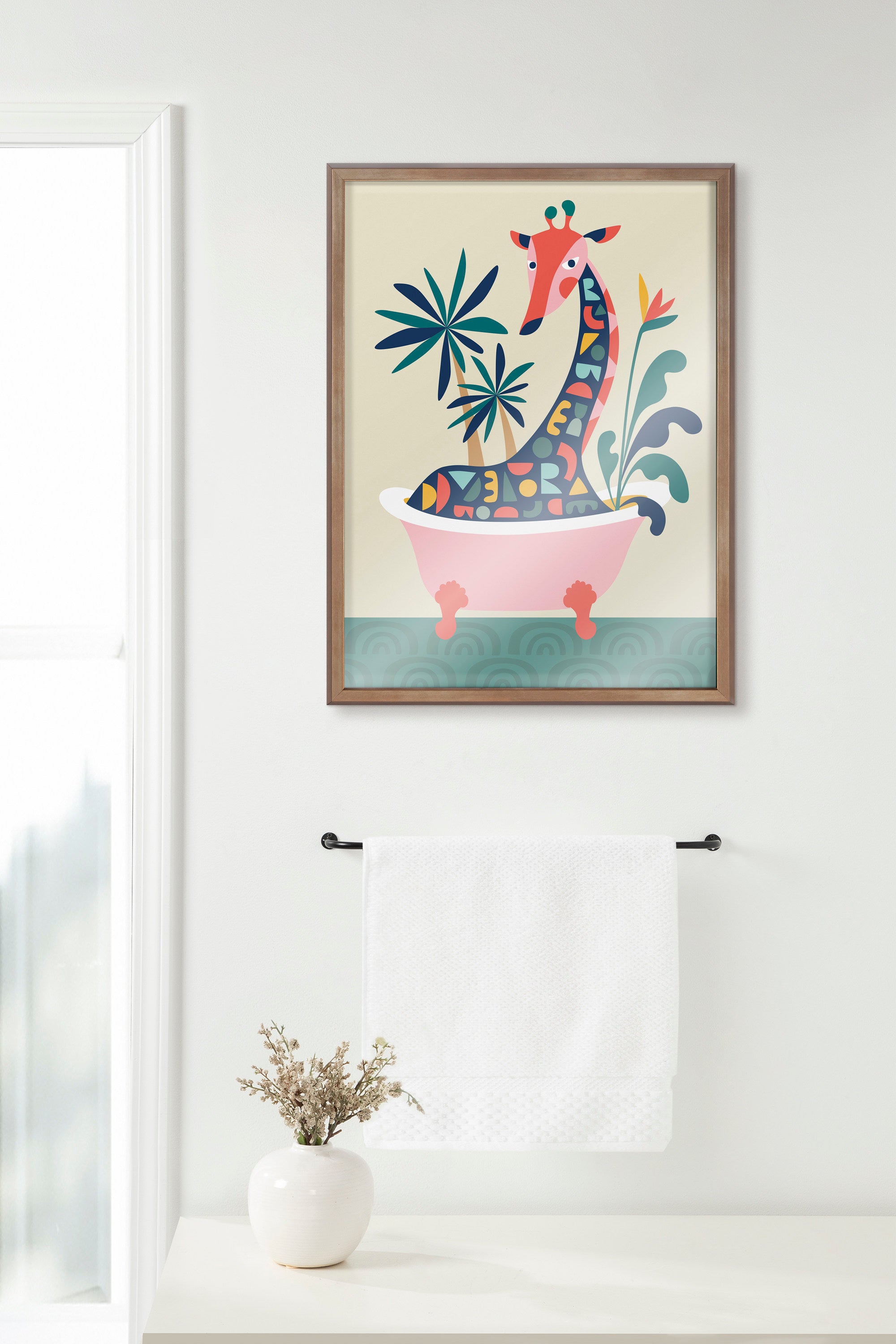 Blake Mid Century Modern Giraffe in Bathtub Framed Printed Glass by Rachel Lee of My Dream Wall