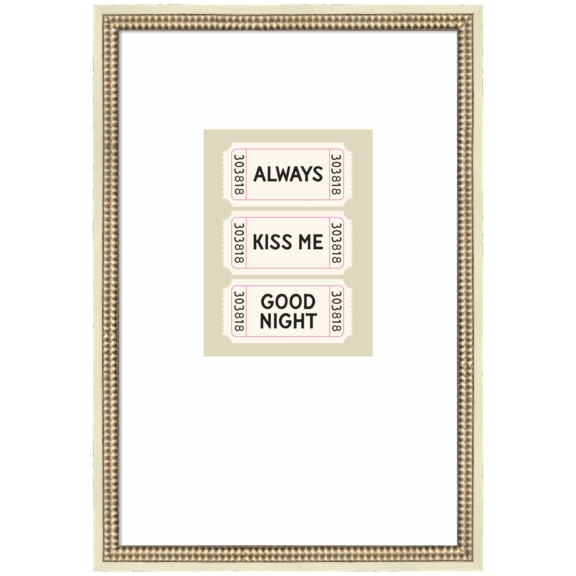 Above Bed Decor, Always Kiss Me Goodnight Ticket Print, Sage Green Wall Art Retro Poster by Lucky Guava Framed Wall Art Print