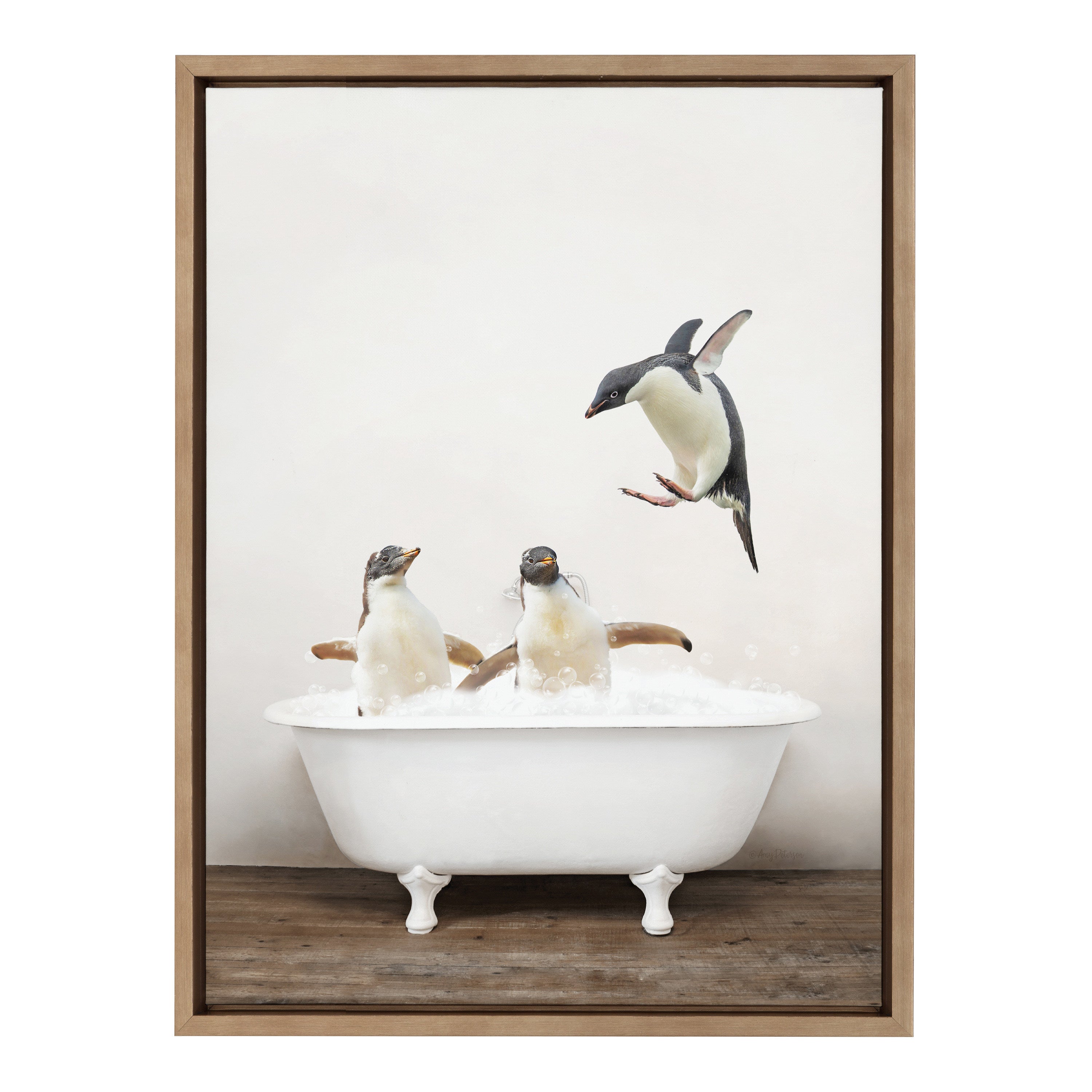 Sylvie Penguins Playing in Rustic Bath Framed Canvas by Amy Peterson Art Studio