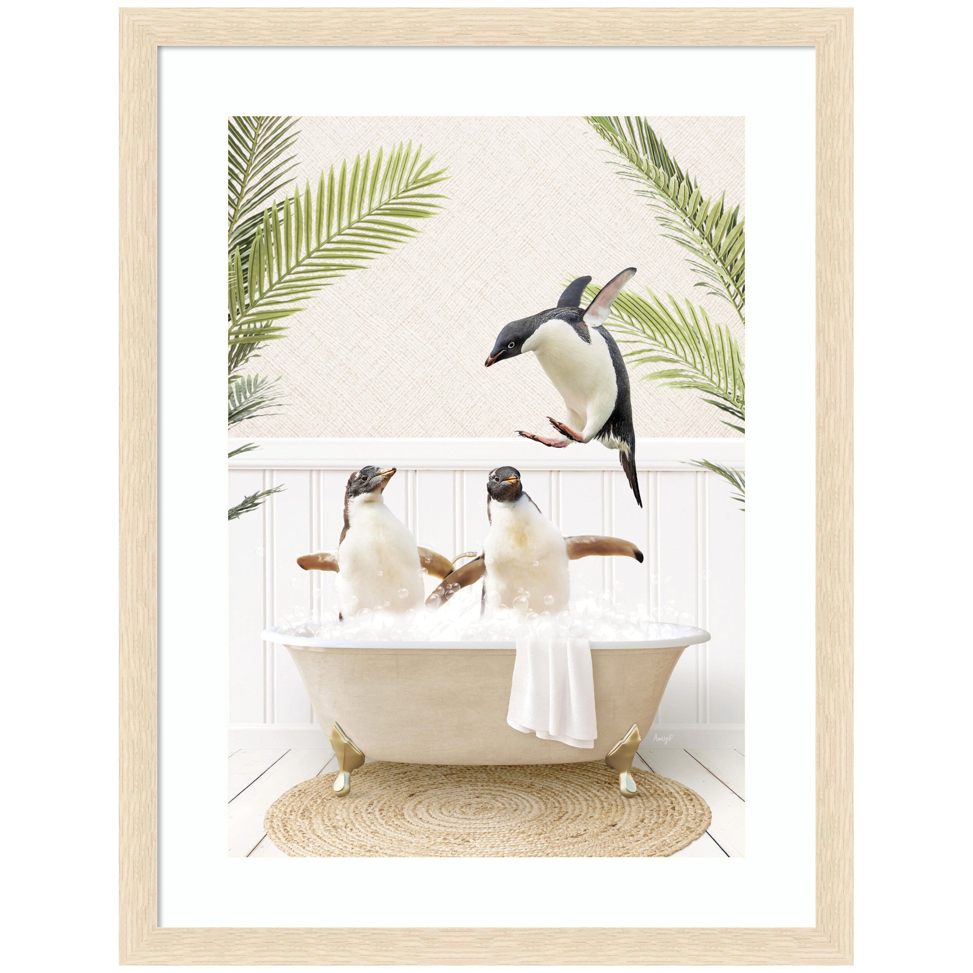 Penguins in Palms Bath by Amy Peterson Framed Wall Art Print
