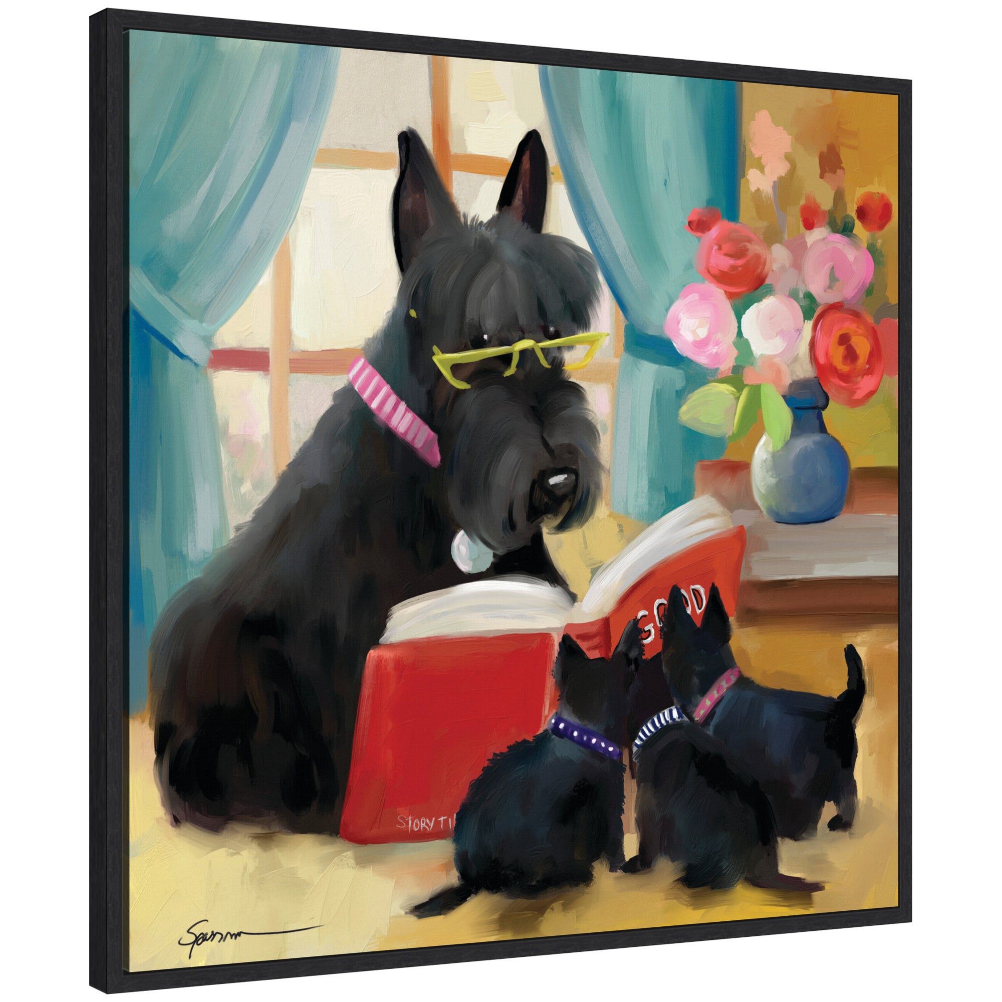 A framed canvas art print featuring a painting of a large black dog with glasses and two smaller dogs wearing pink collars, sitting in front of a book with a colorful background including flowers and a blue curtain.