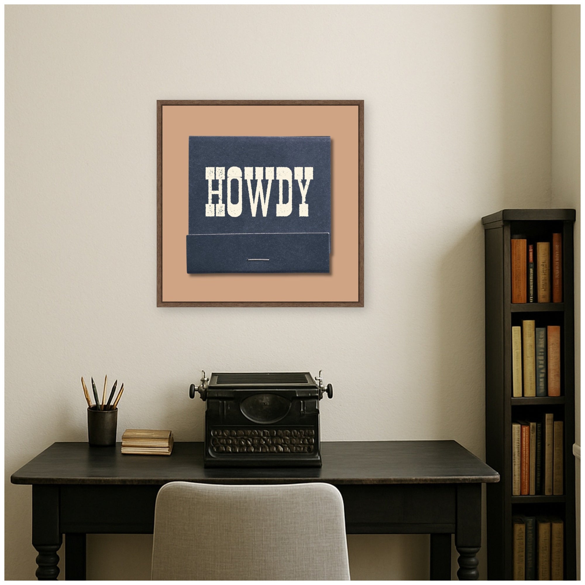 Howdy Matchbook Blue Square by Megan Ryan Framed Canvas Wall Art Print