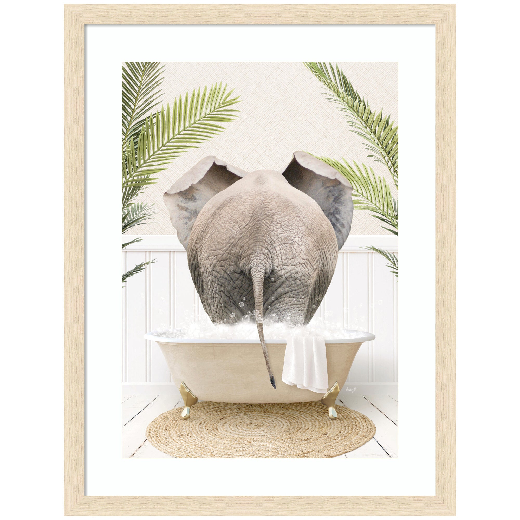 Elephant Back in Palm Bathtub by Amy Peterson Framed Wall Art Print