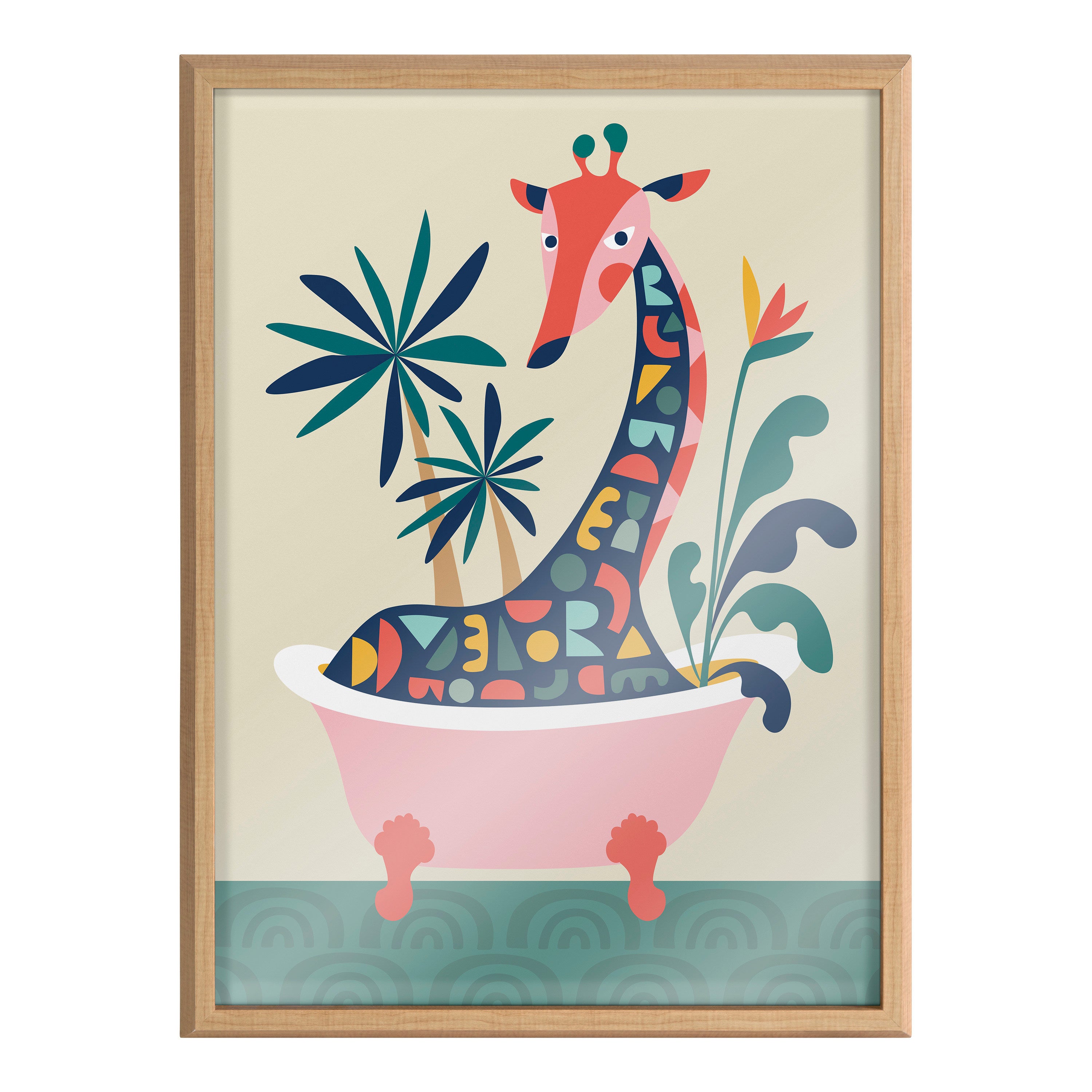 Blake Mid Century Modern Giraffe in Bathtub Framed Printed Glass by Rachel Lee of My Dream Wall