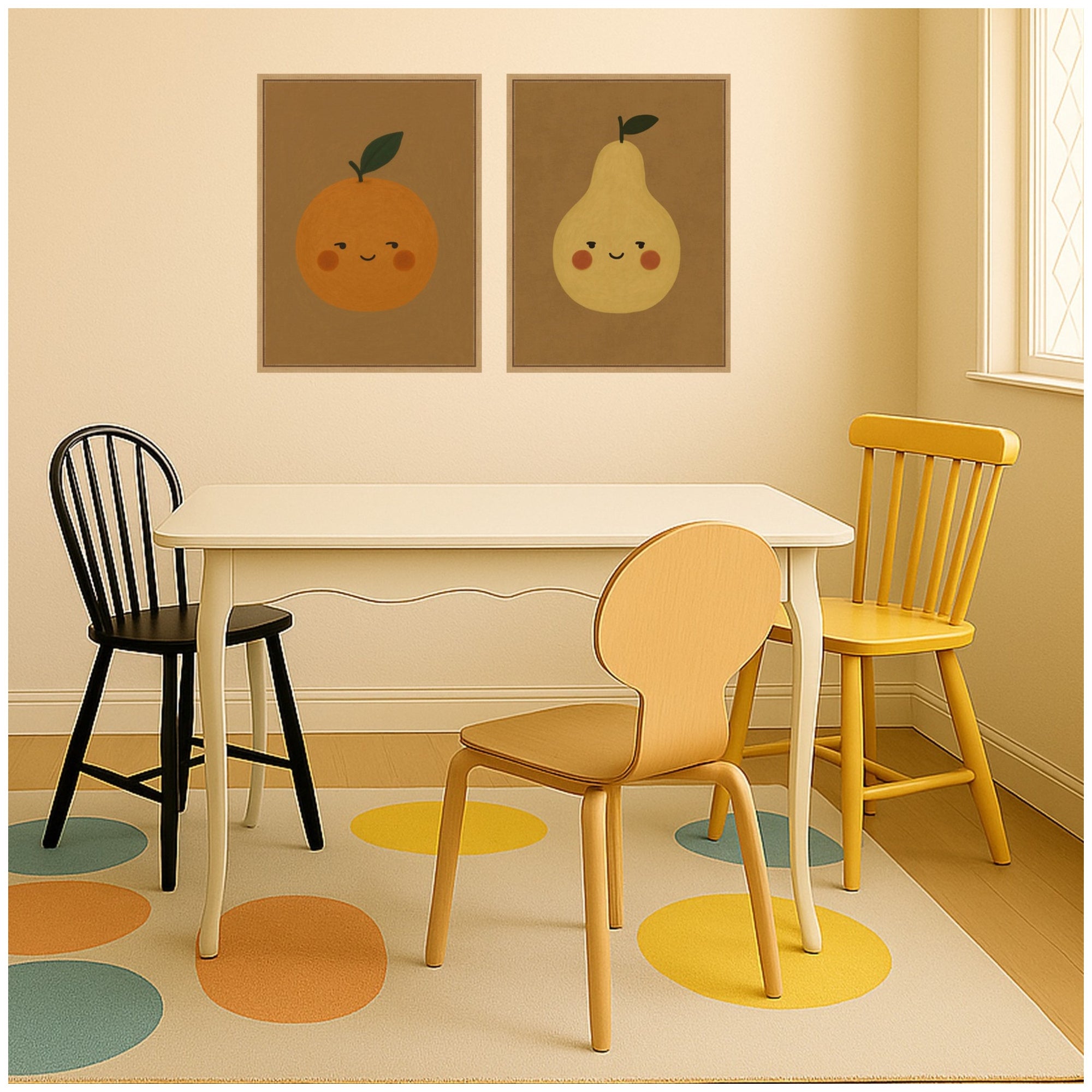 Vintage Smiling Pear & Orange 2 Piece Framed Canvas Wall Art Set by Laura Moss