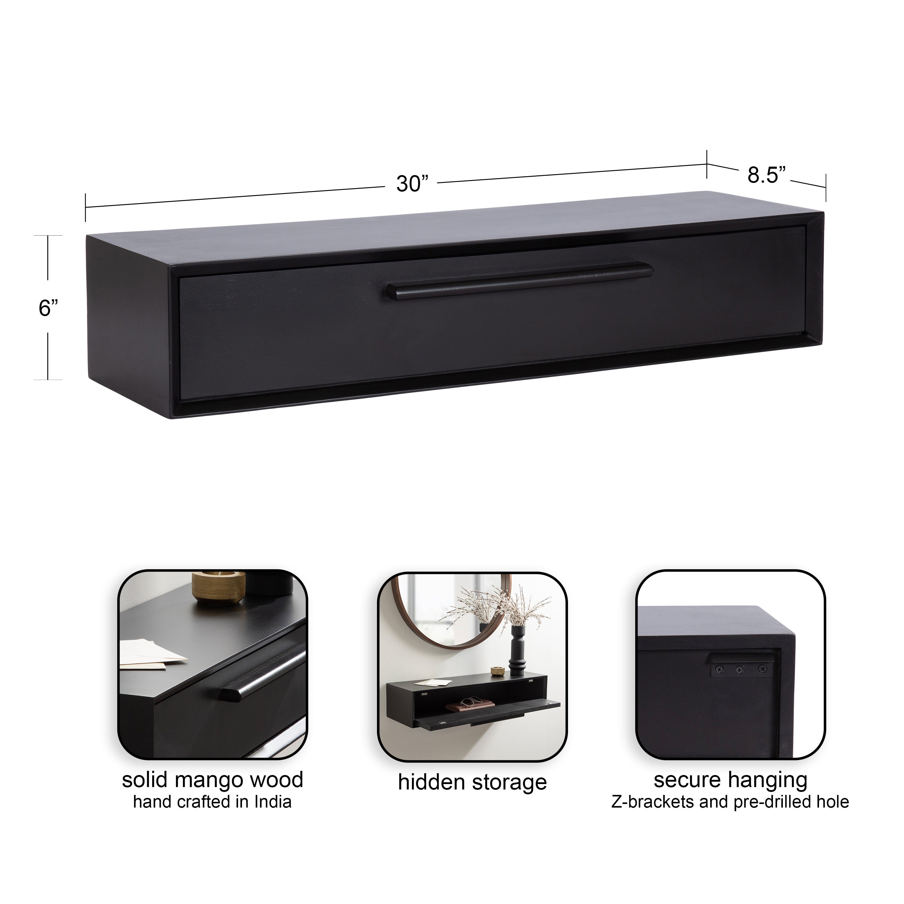 Floating Console Table Black 30x9x6 2
