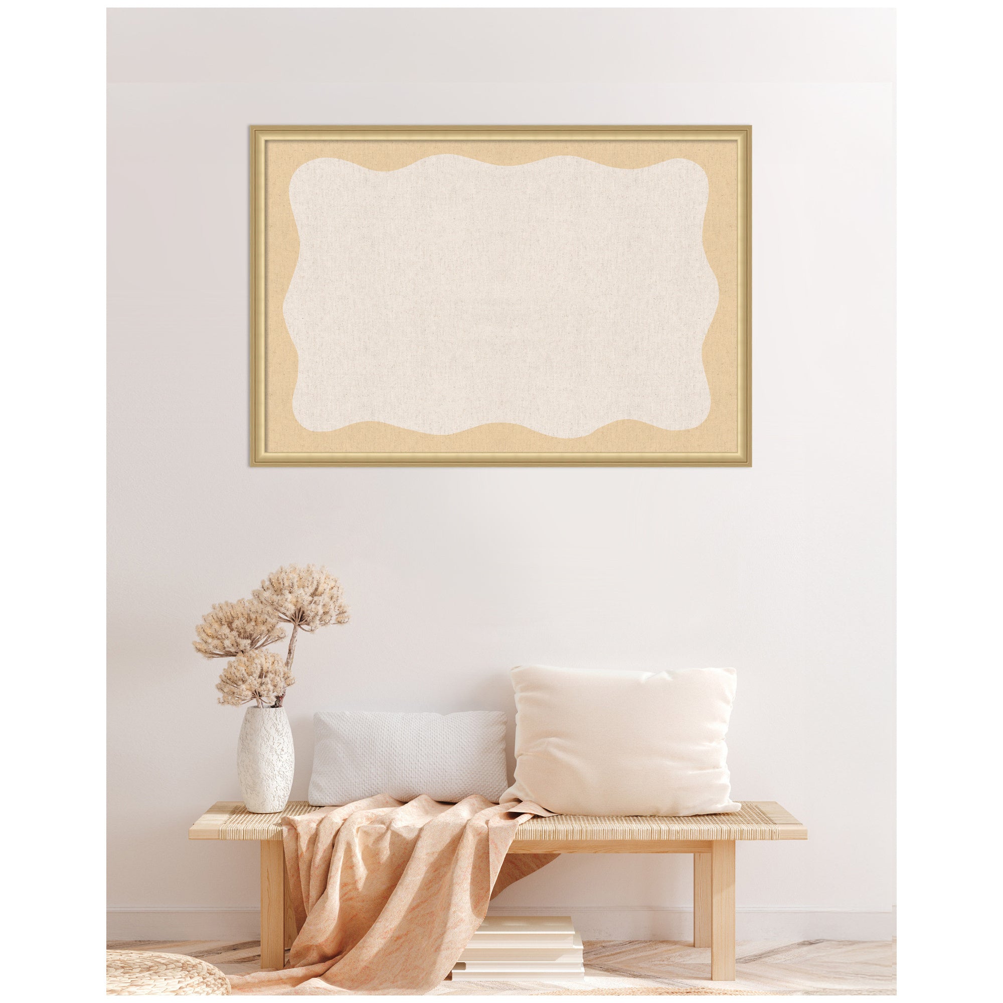 Framed Fabric Pinboard Wavy Neutral Linen and Yellow Wall Organization