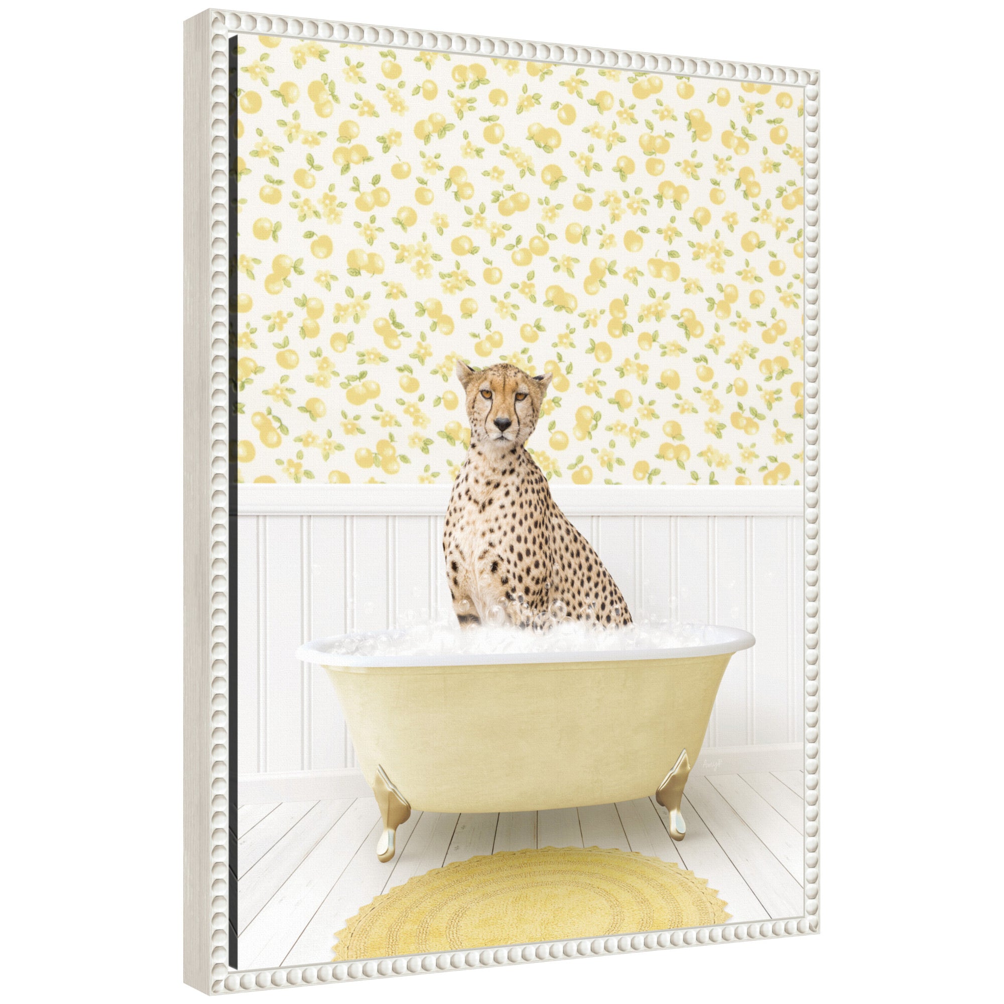 Sylvie Cheetah in Cottage Yellow Bathtub Framed Canvas by Amy Peterson