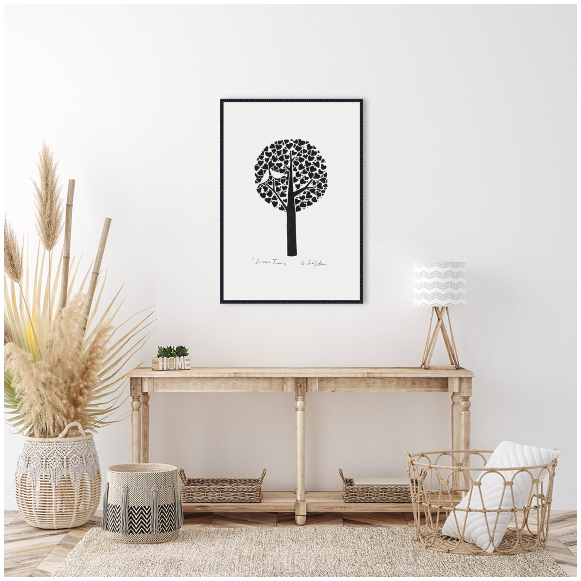 Sylvie Black and White Love Tree Linocut Framed Canvas by Giuliana Lazzerini