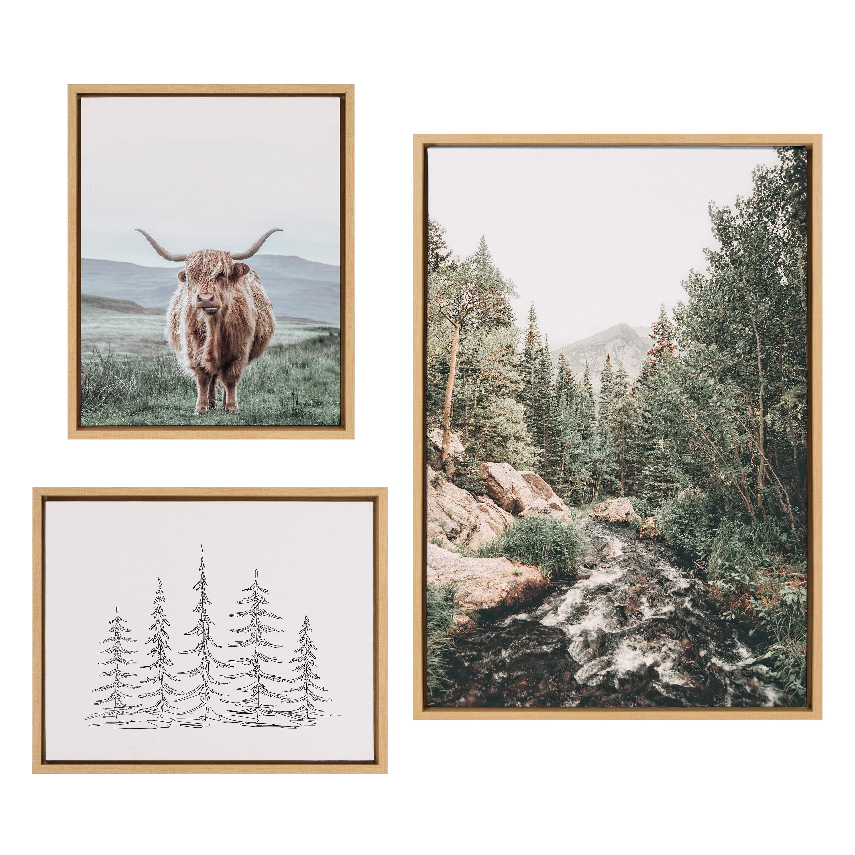 Sylvie Meet Me Here, Highland Cow Muted Mountain Landscape and Minimalist Evergreen Trees Sketch Framed Canvas Set by Various Artists