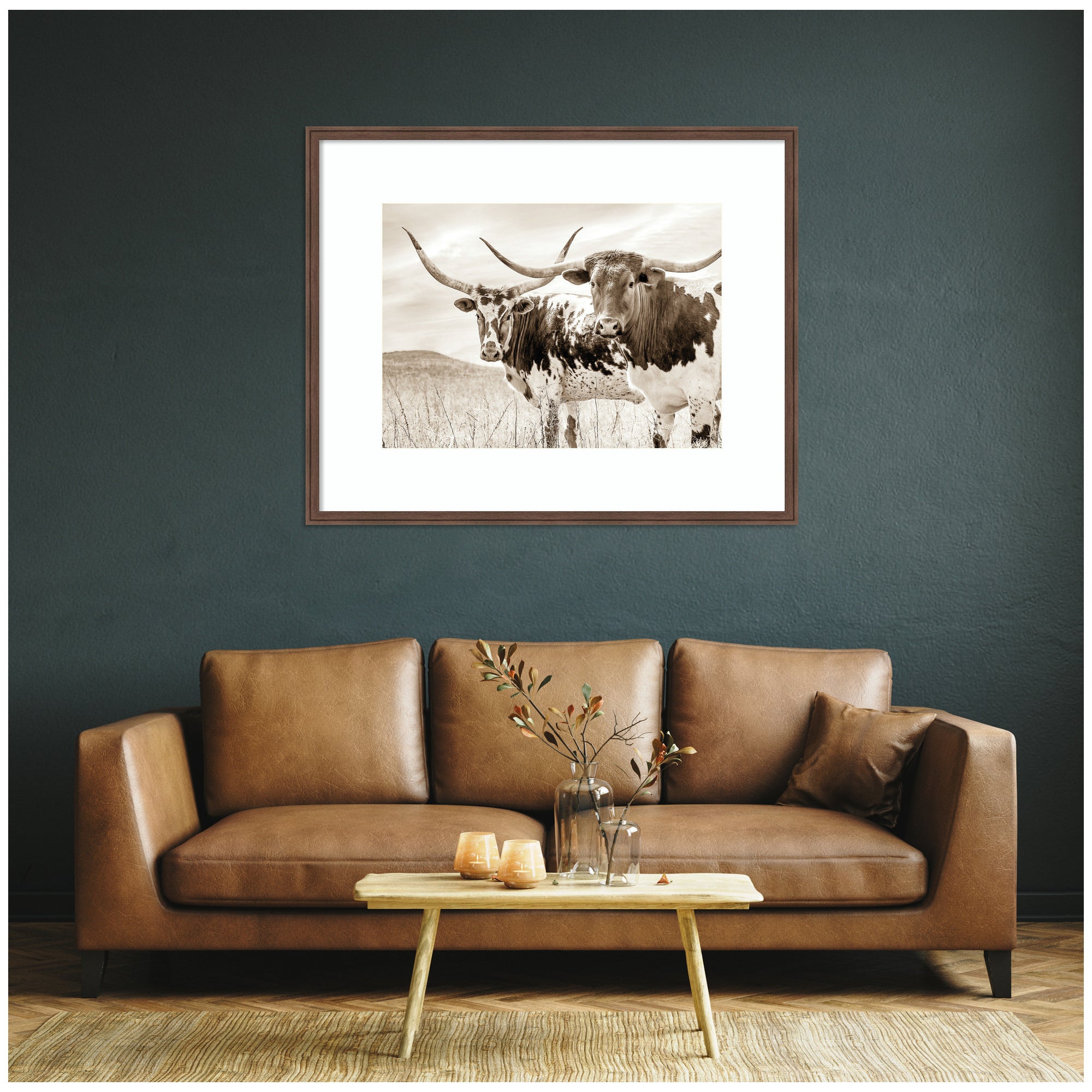 Sepia Texas Longhorn Cattle in Pasture by The Creative Bunch Studio Framed Wall Art Print