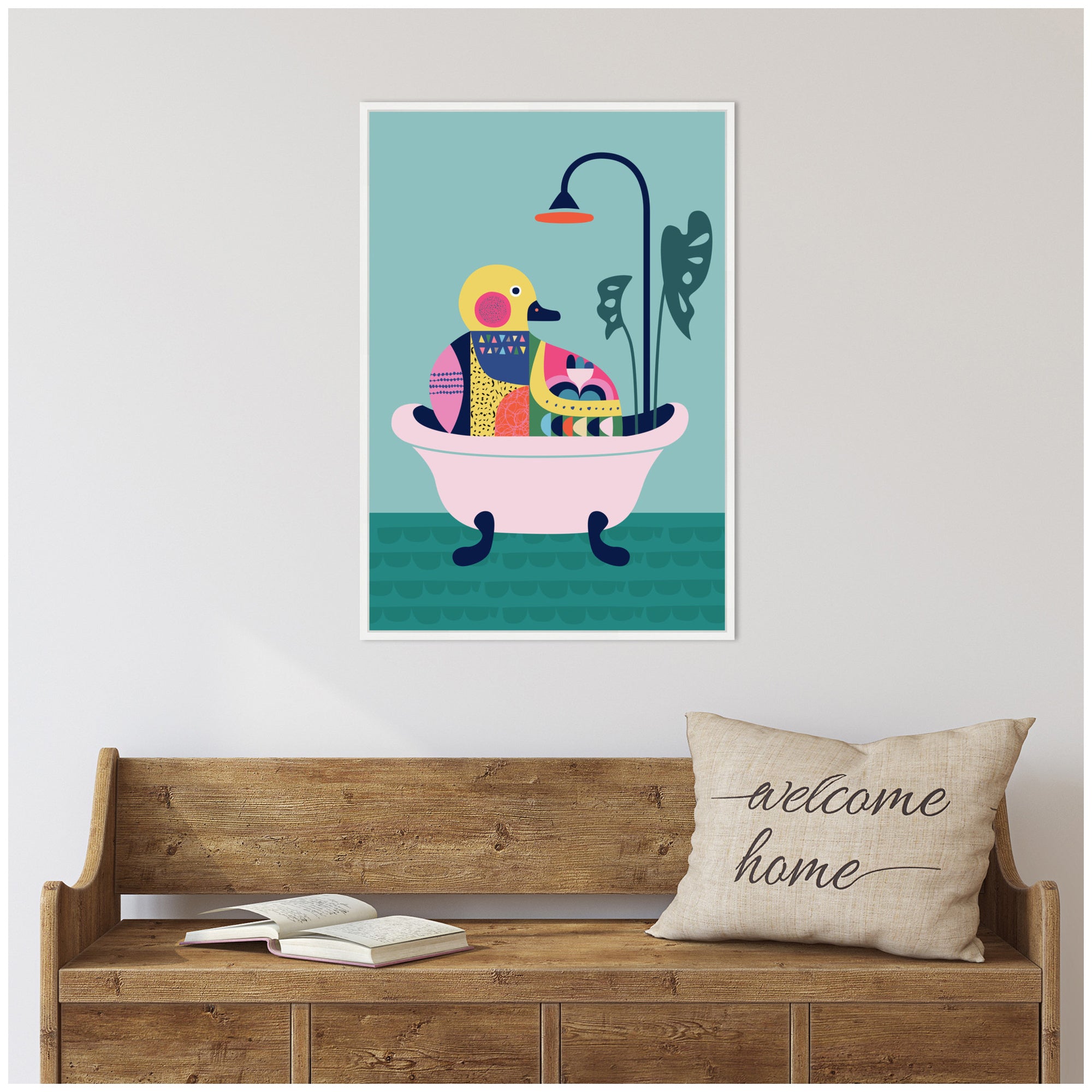 Sylvie Modern Teal Little Duckie in Bathtub Framed Canvas by Rachel Lee
