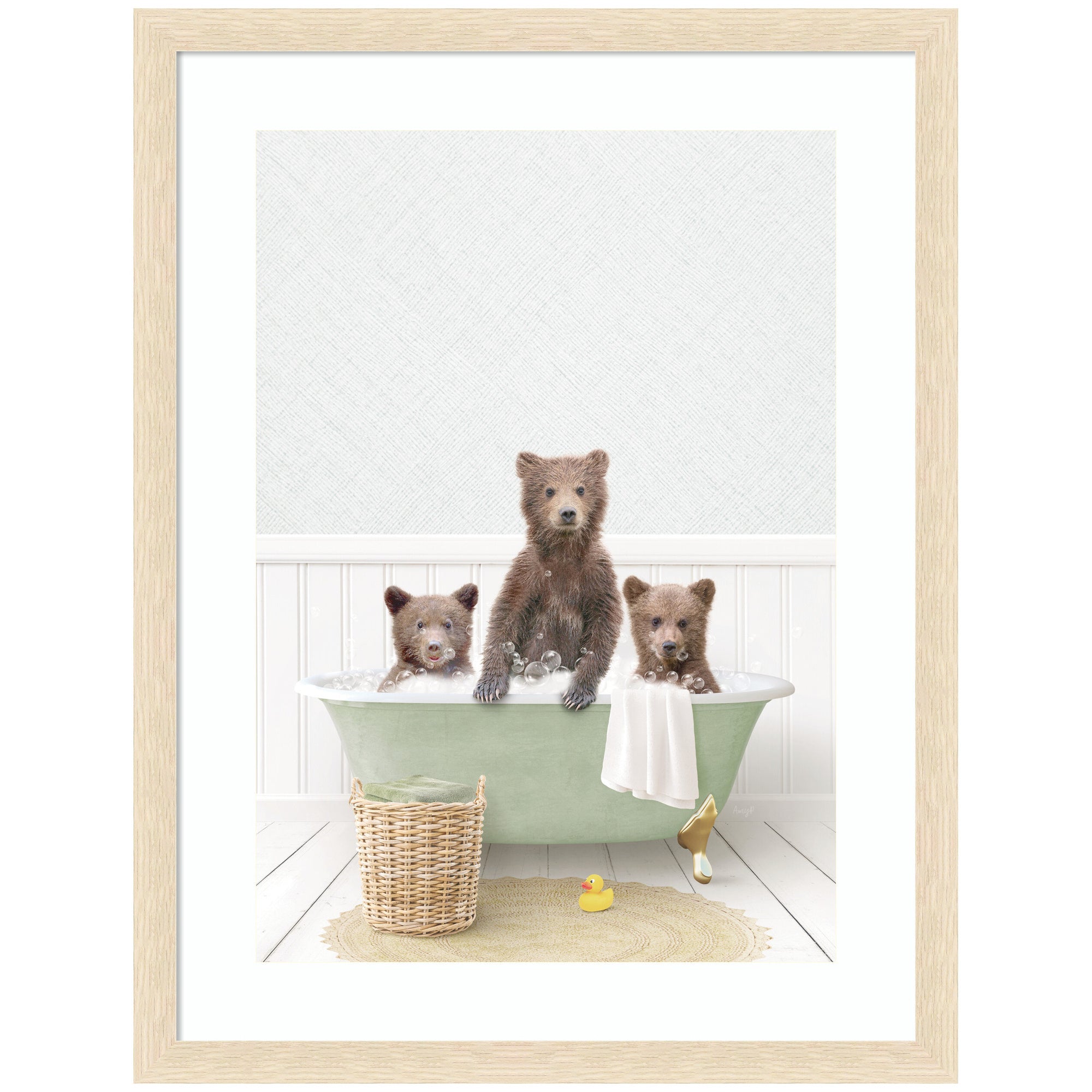 Three Bear Cubs in Cottage Green Bath by Amy Peterson Framed Wall Art Print