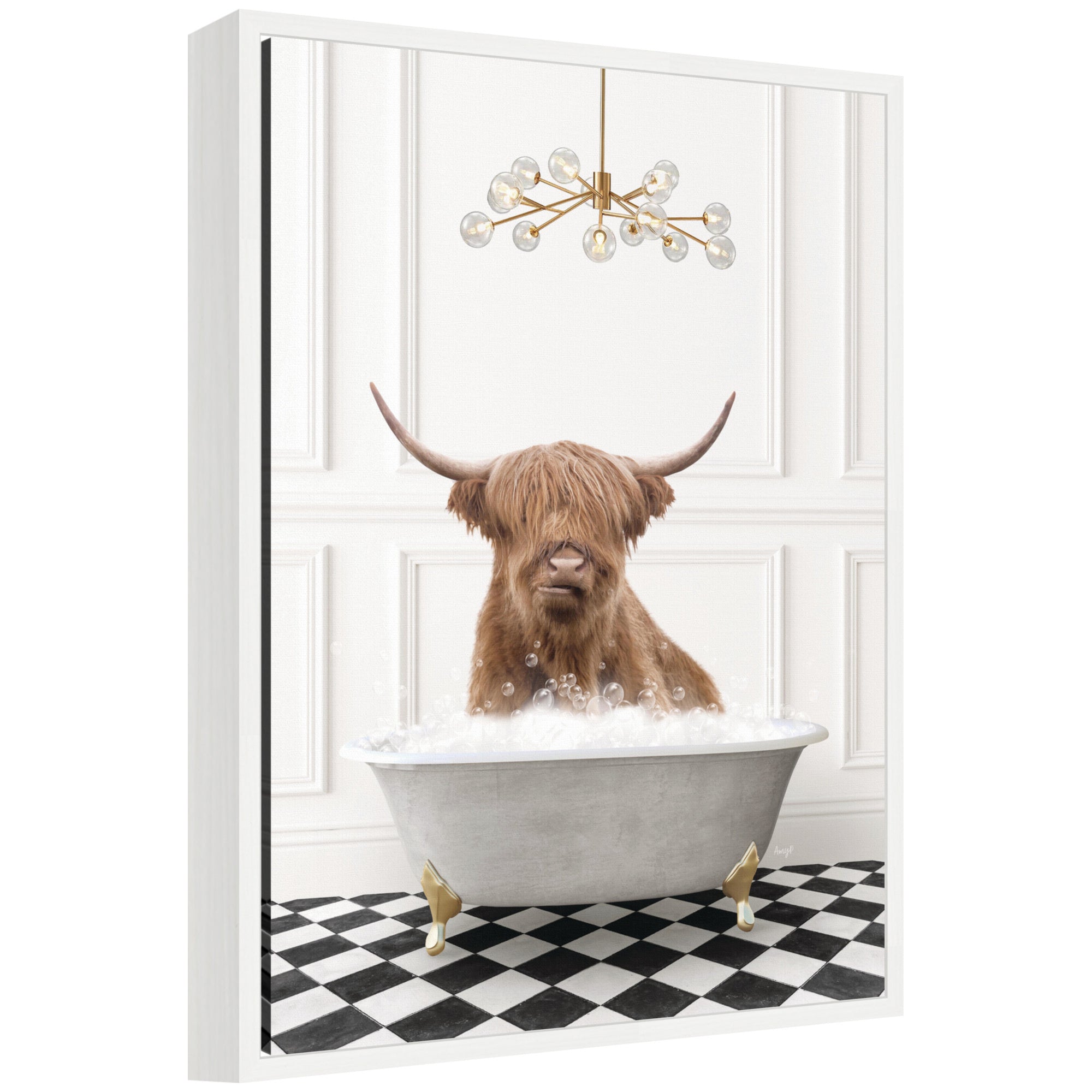 Sylvie Highland Cow in Gray Bathtub Checker Floor Framed Canvas by Amy Peterson
